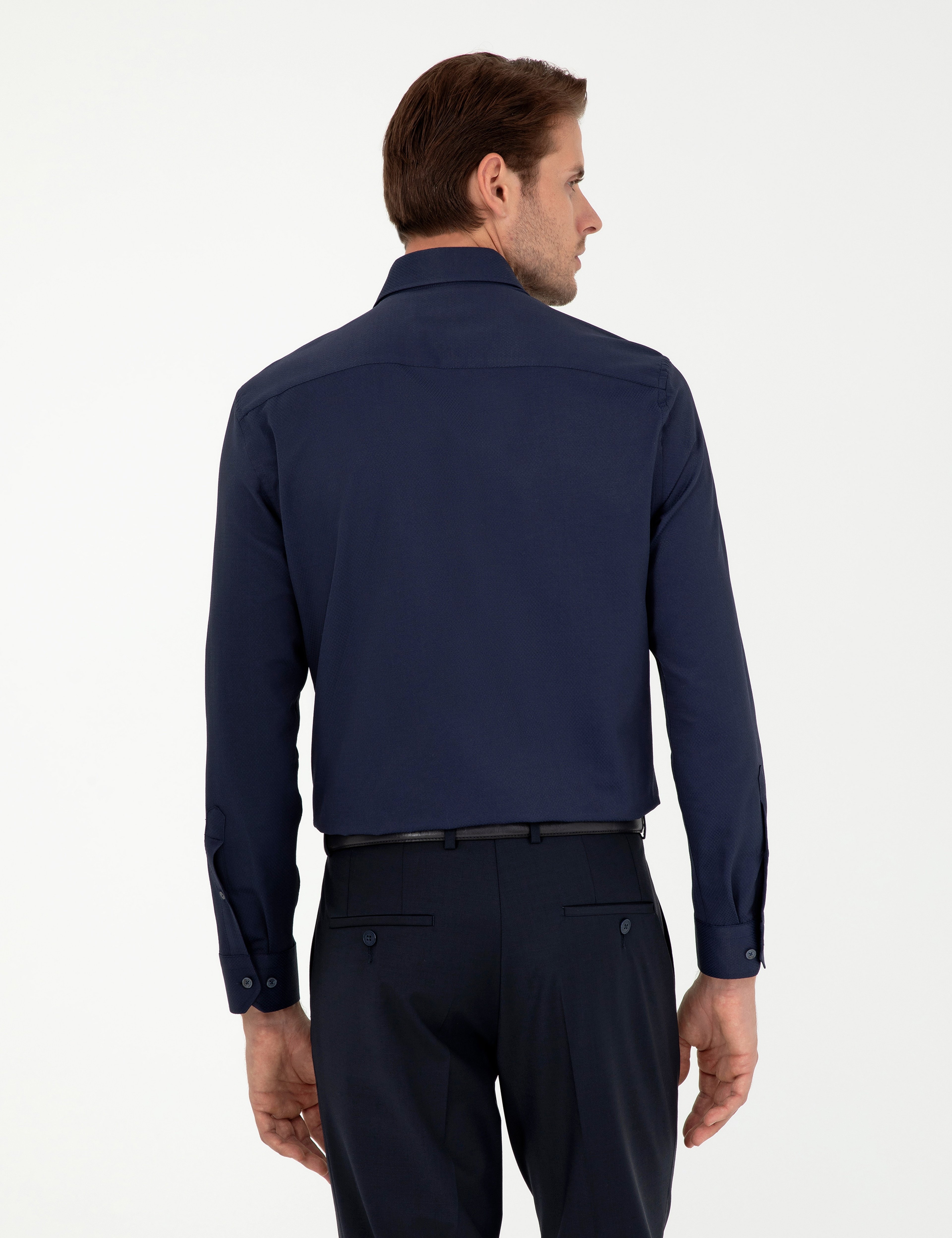 Lacivert Slim Fit Armürlü Uzun Kollu Gömlek - Image 5