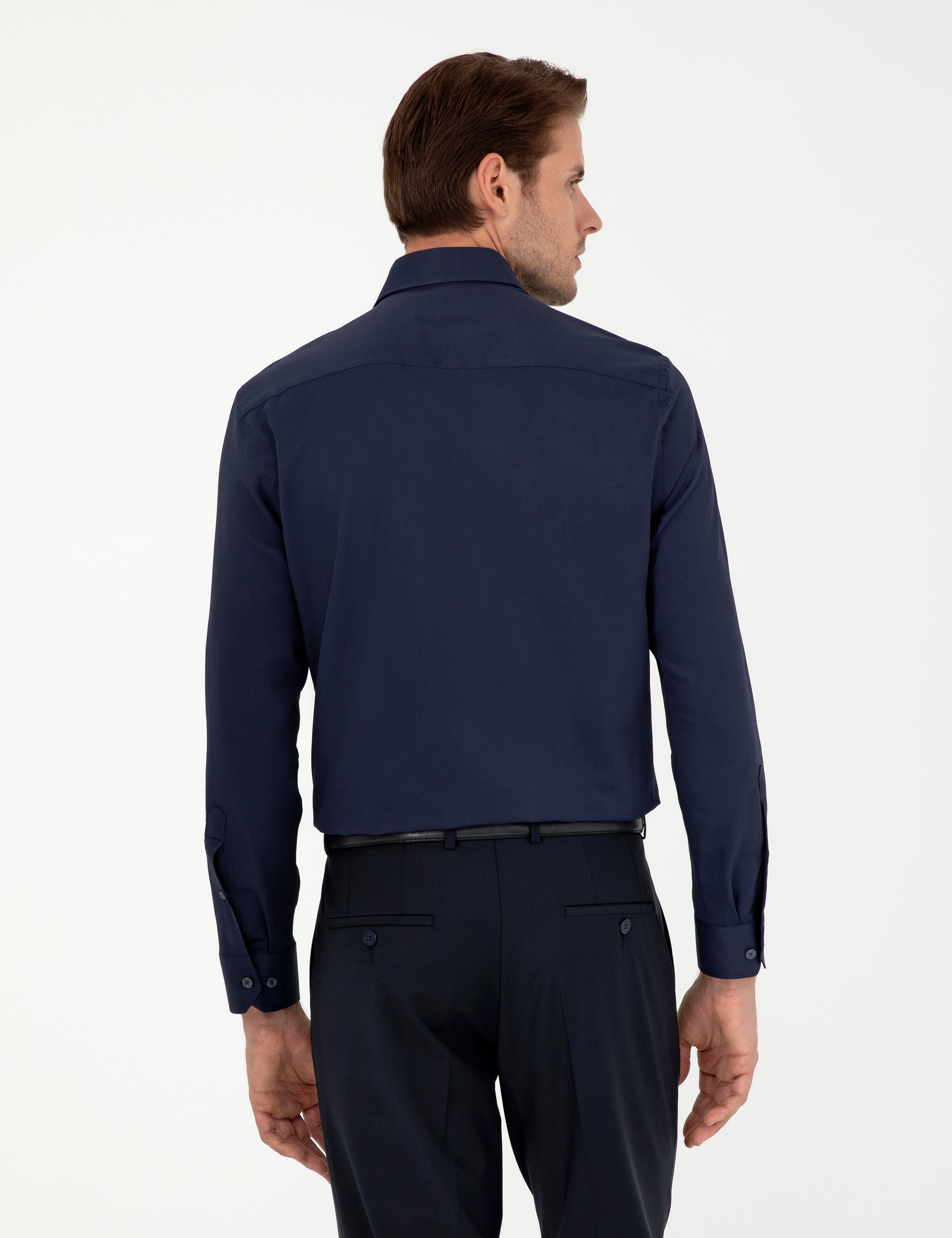 Lacivert Slim Fit Armürlü Uzun Kollu Gömlek
