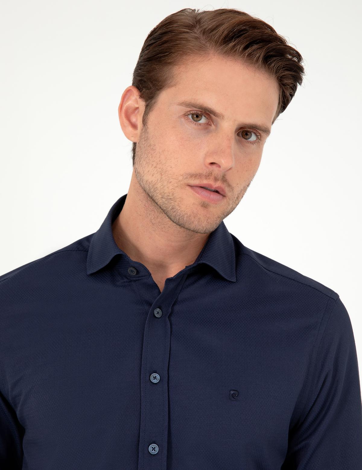 Lacivert Slim Fit Armürlü Uzun Kollu Gömlek - 50289415010