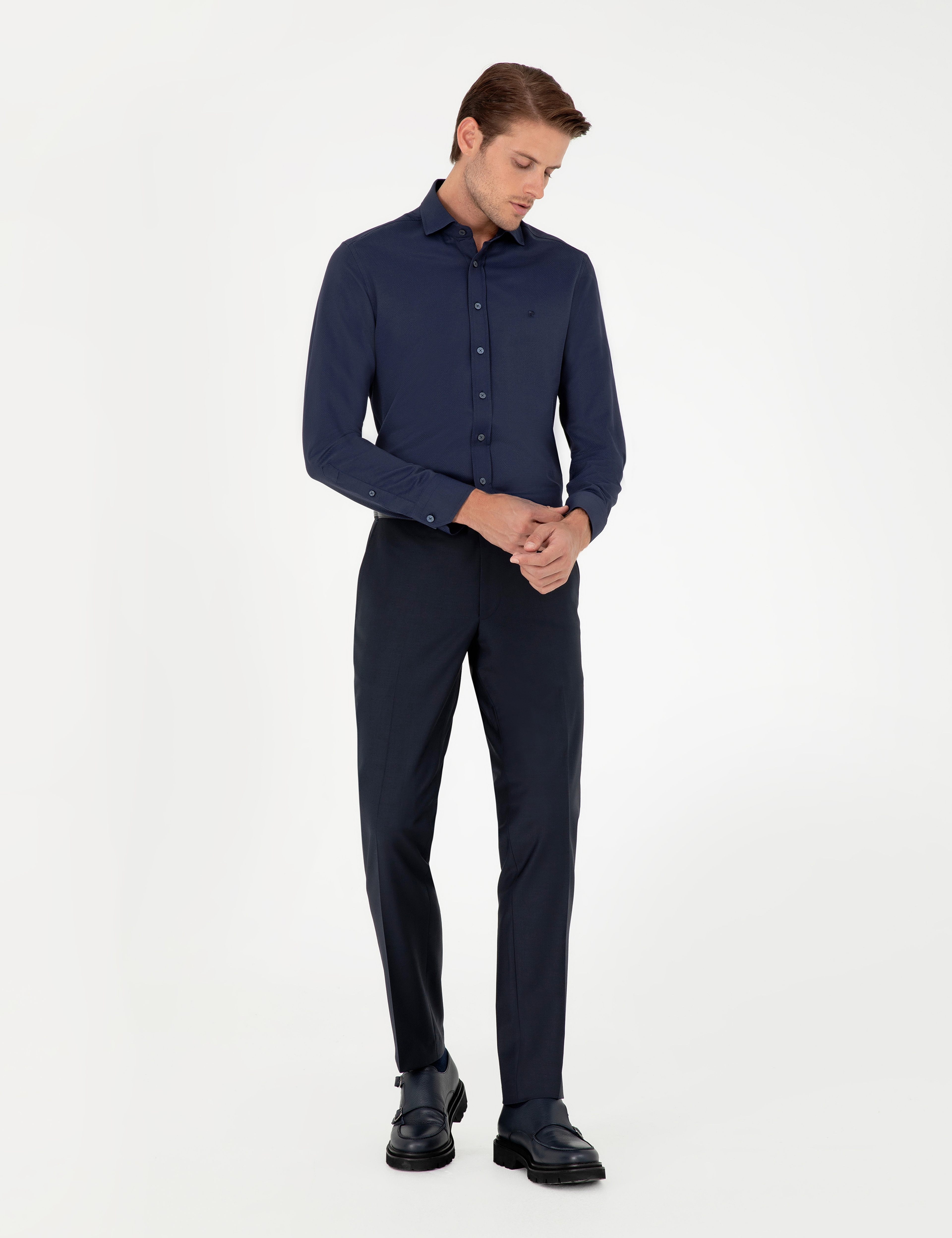 Lacivert Slim Fit Armürlü Uzun Kollu Gömlek - Image 4