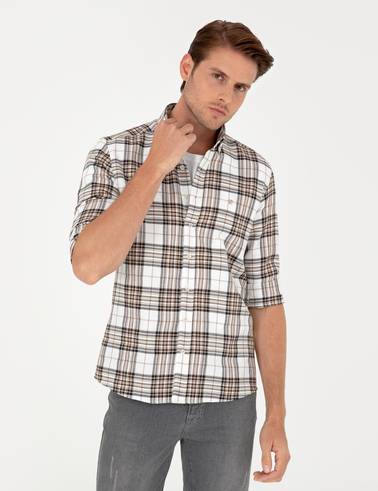Kahverengi Ekose Slim Fit Uzun Kollu Gömlek