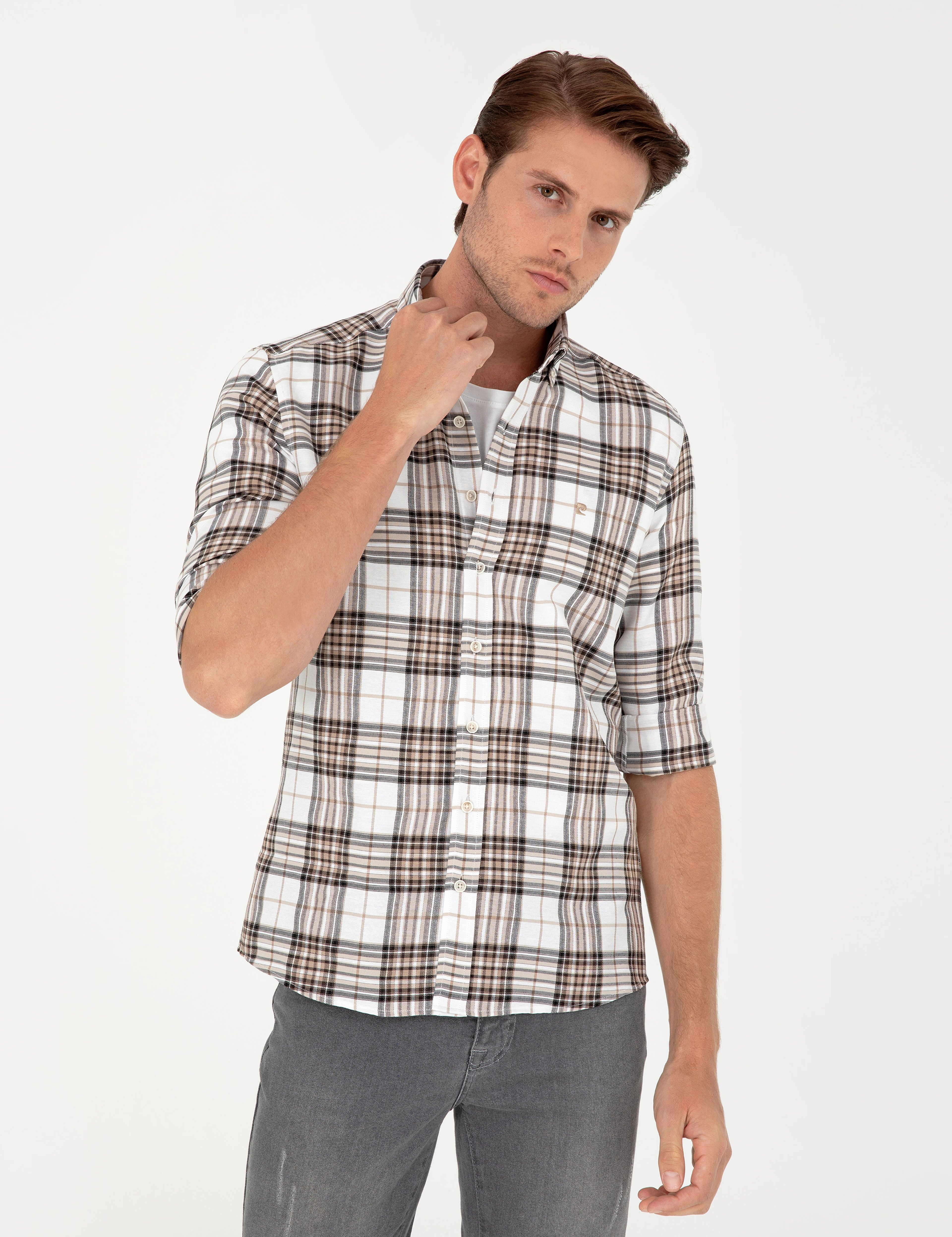 Kahverengi Ekose Slim Fit Uzun Kollu Gömlek - Image 3