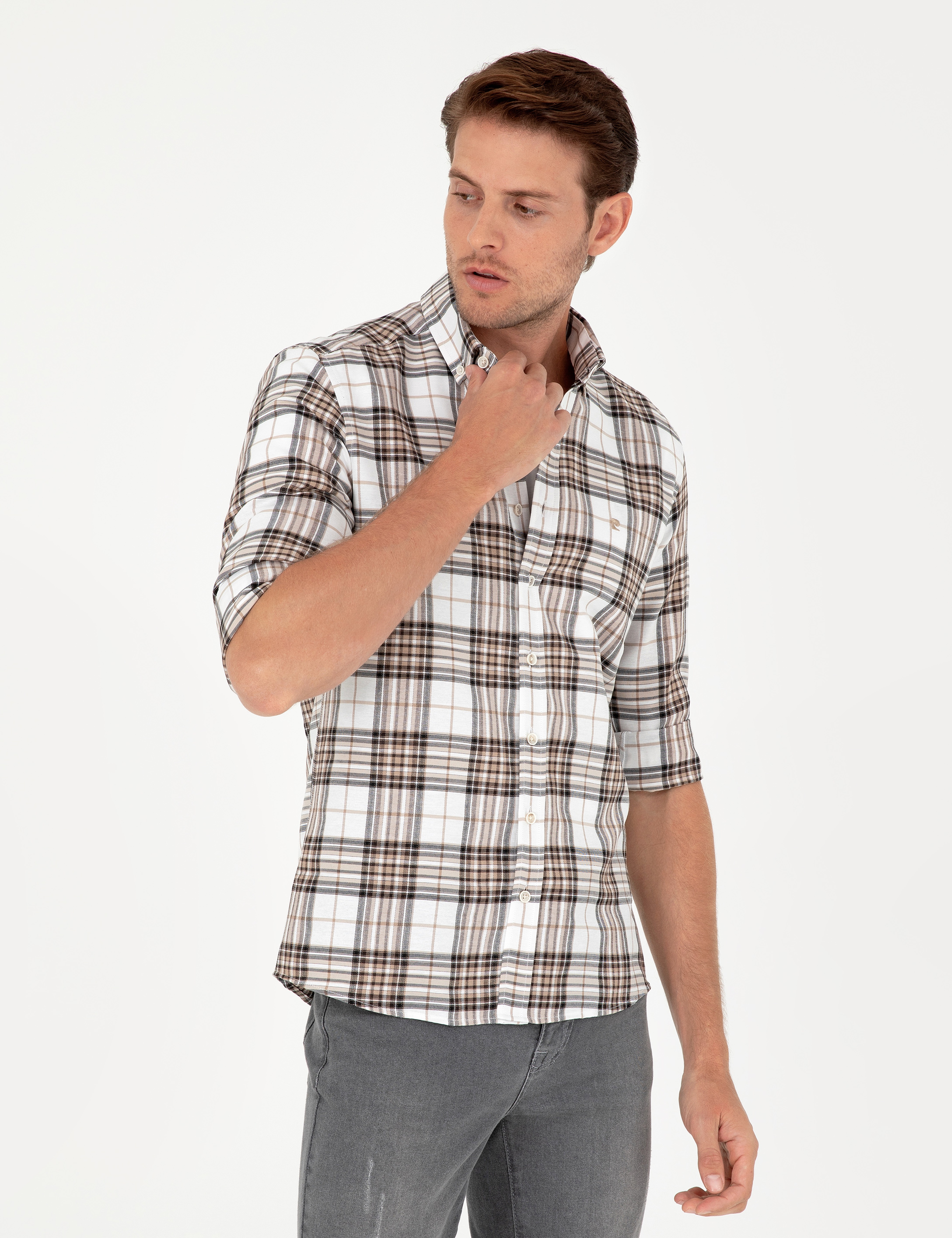 Kahverengi Ekose Slim Fit Uzun Kollu Gömlek - Image 1