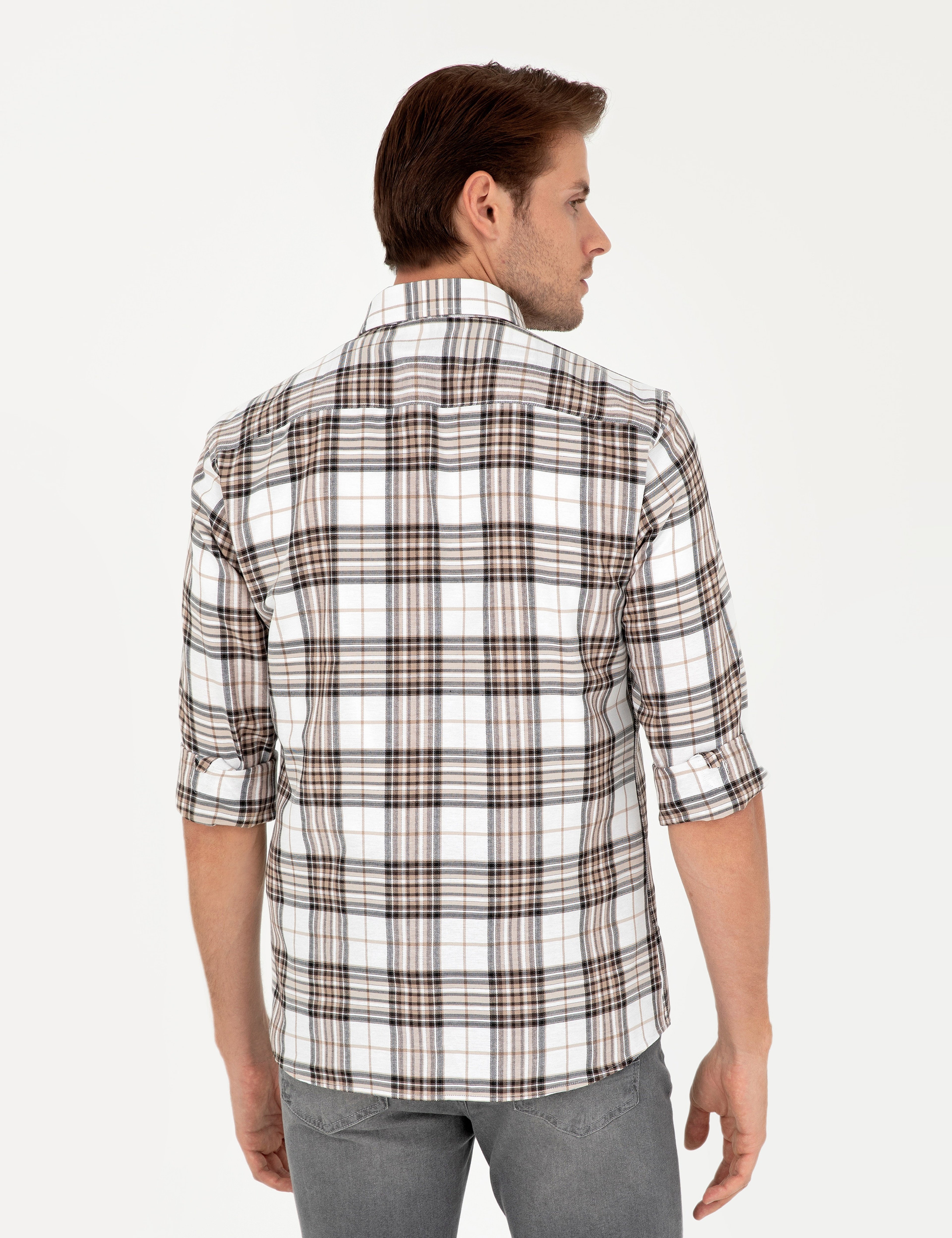 Kahverengi Ekose Slim Fit Uzun Kollu Gömlek