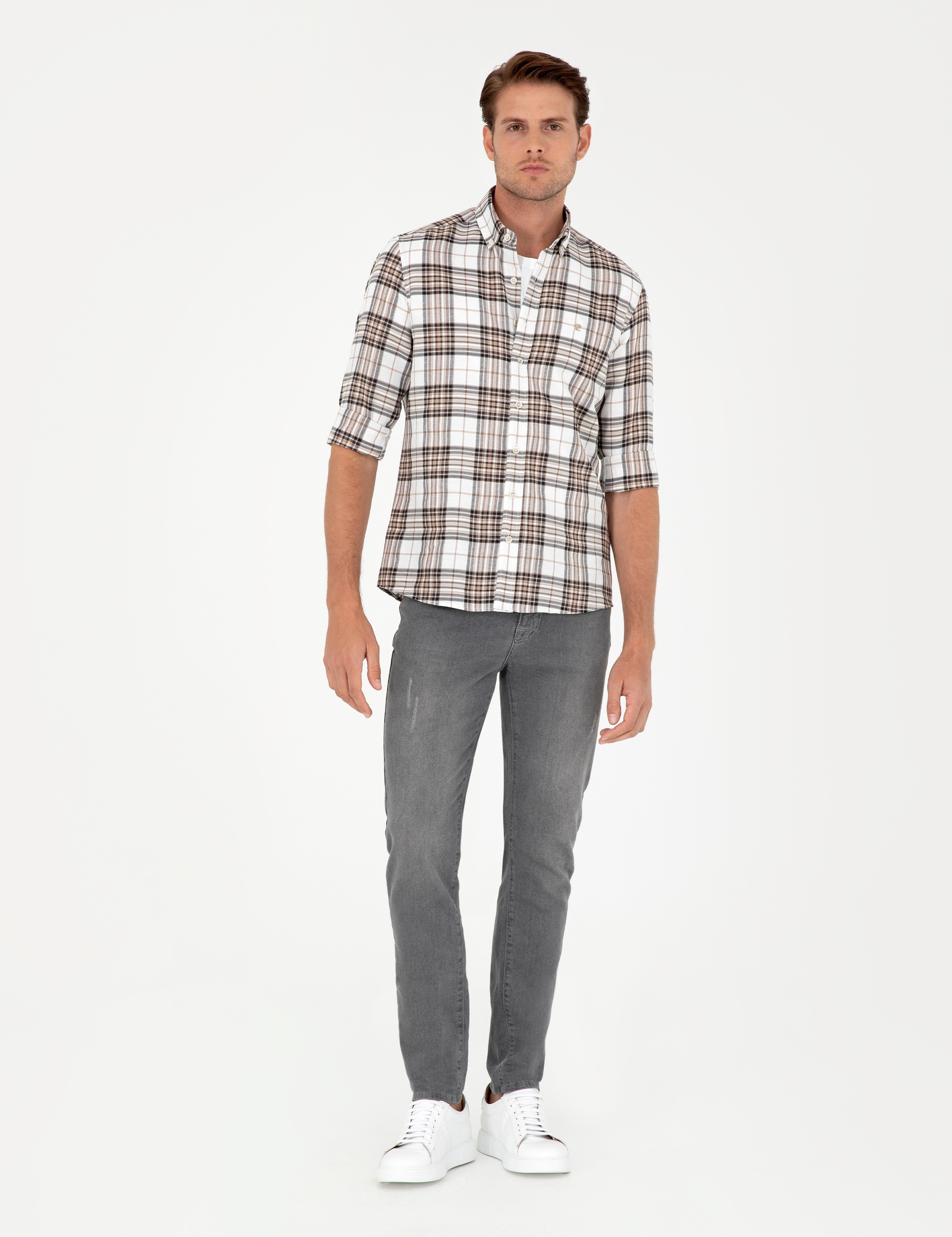 Kahverengi Ekose Slim Fit Uzun Kollu Gömlek - Image 4