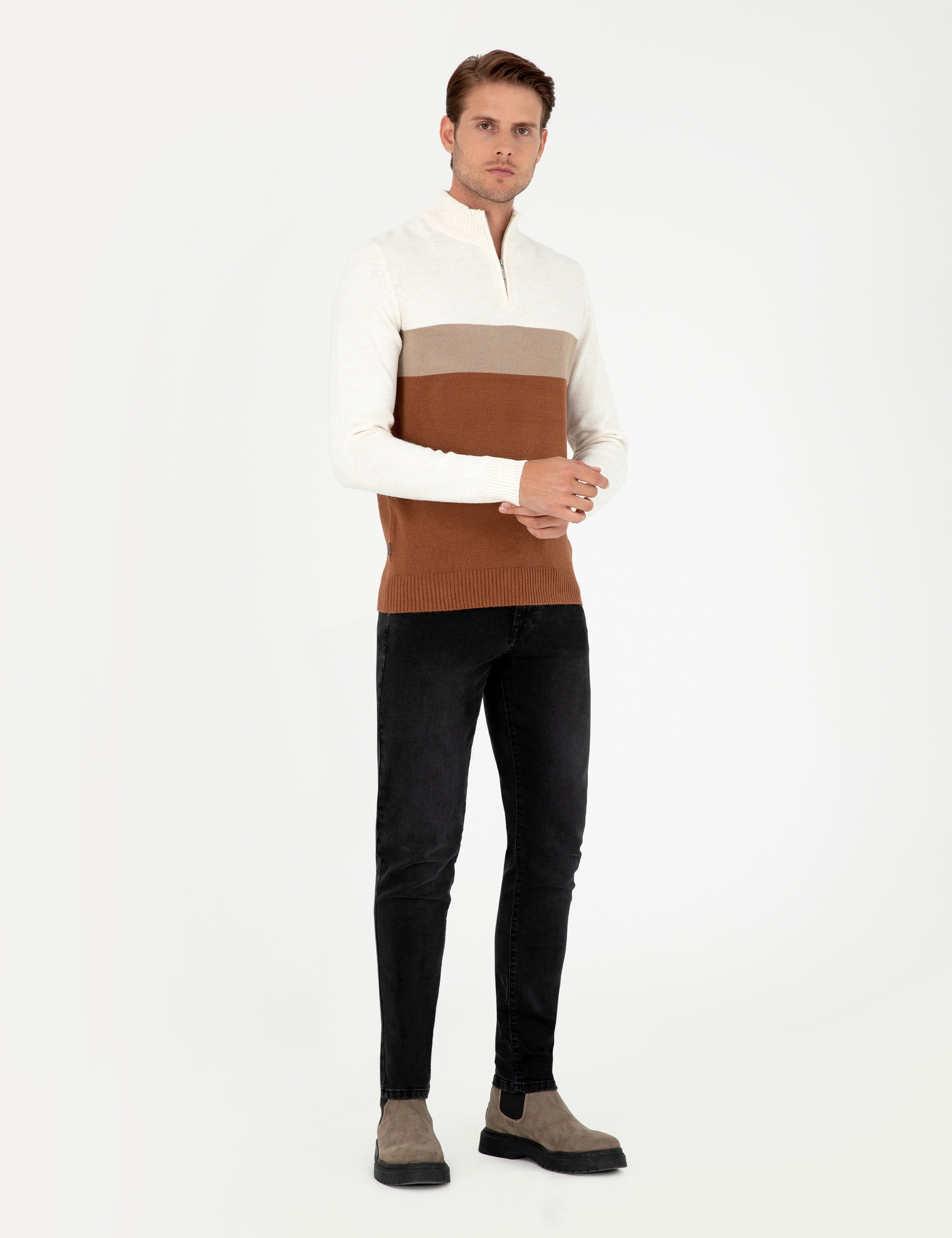 Vizon Slim Fit Fermuarlı Dik Yaka Triko Kazak