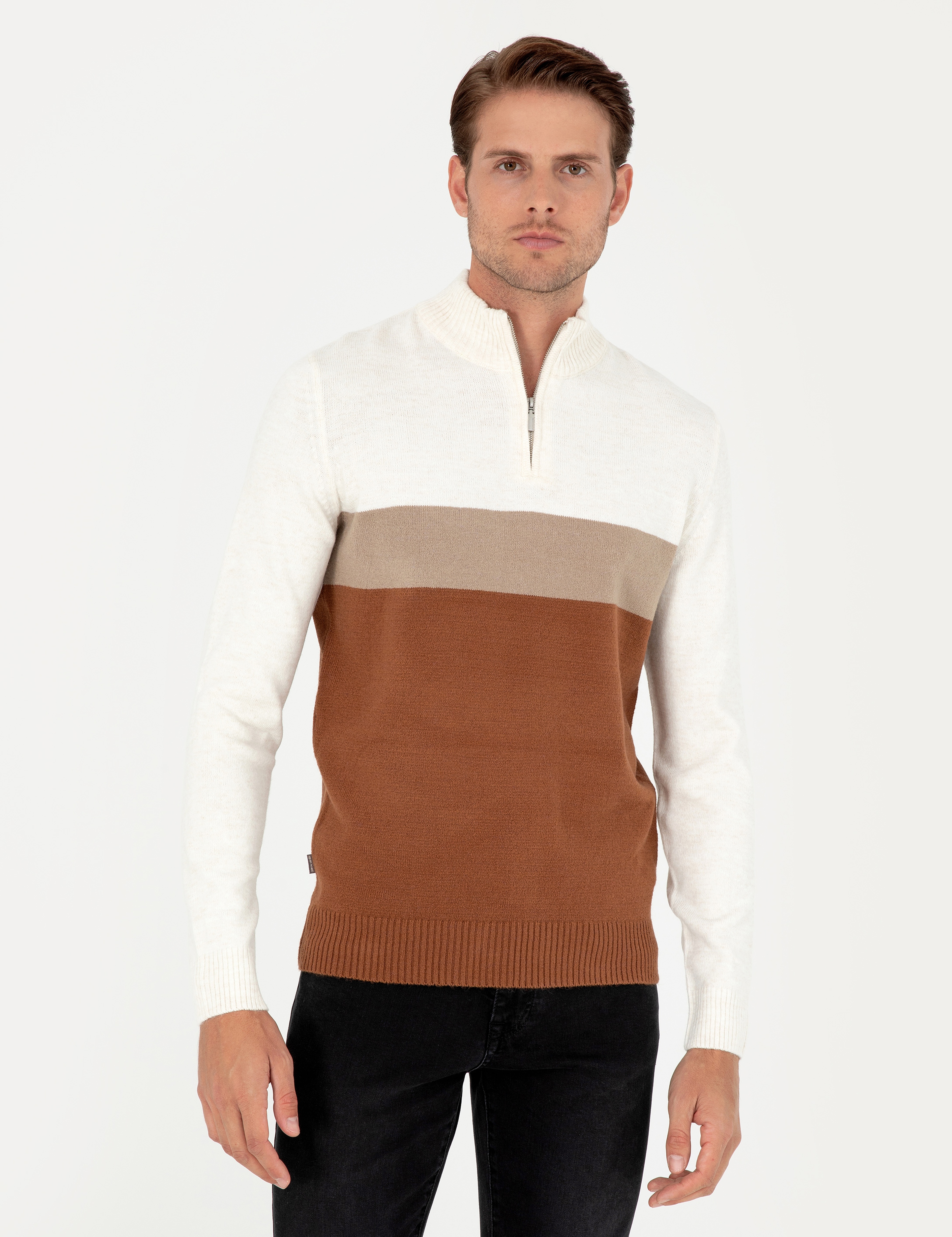 Vizon Slim Fit Fermuarlı Dik Yaka Triko Kazak - Image 1
