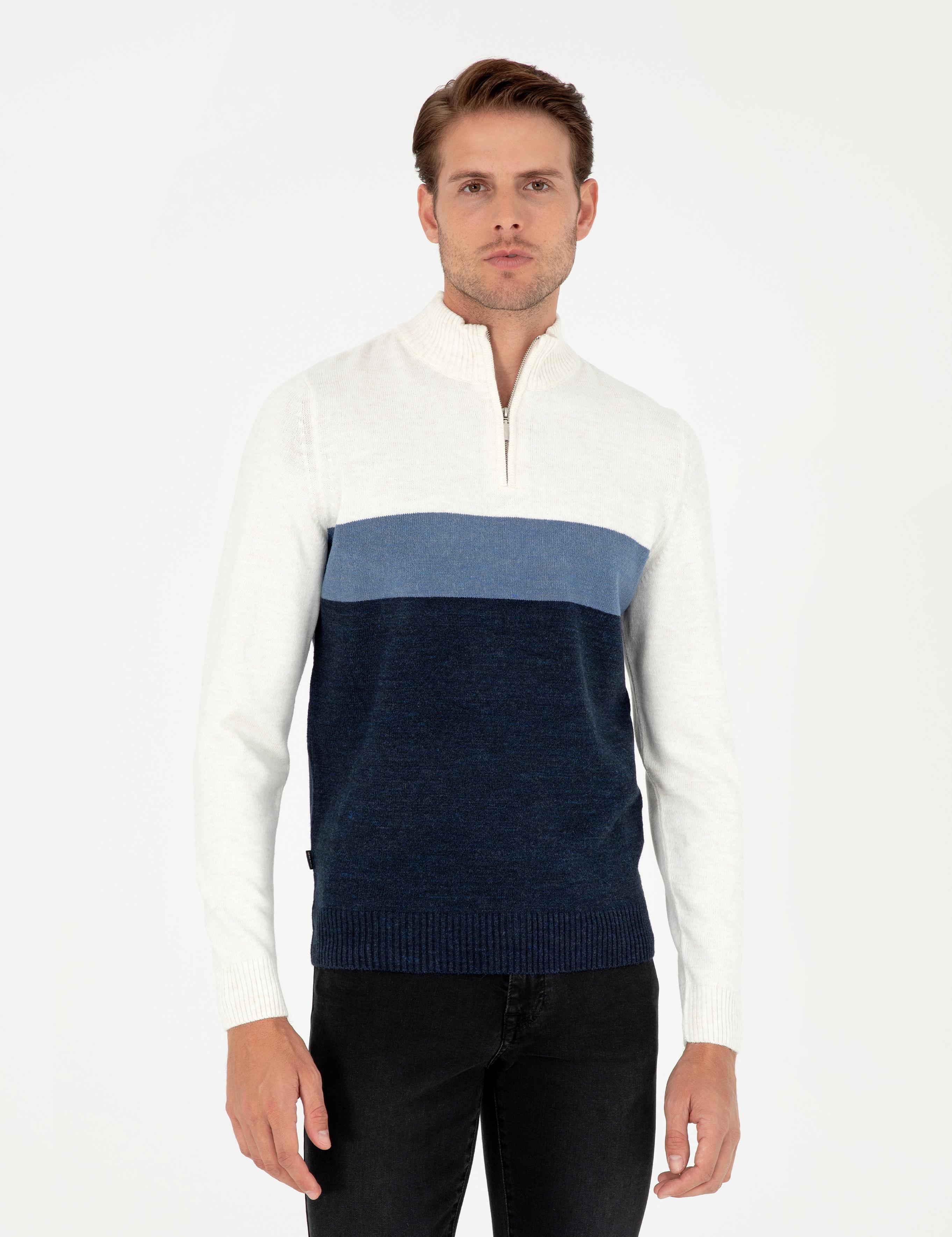 Lacivert Slim Fit Fermuarlı Dik Yaka Triko Kazak