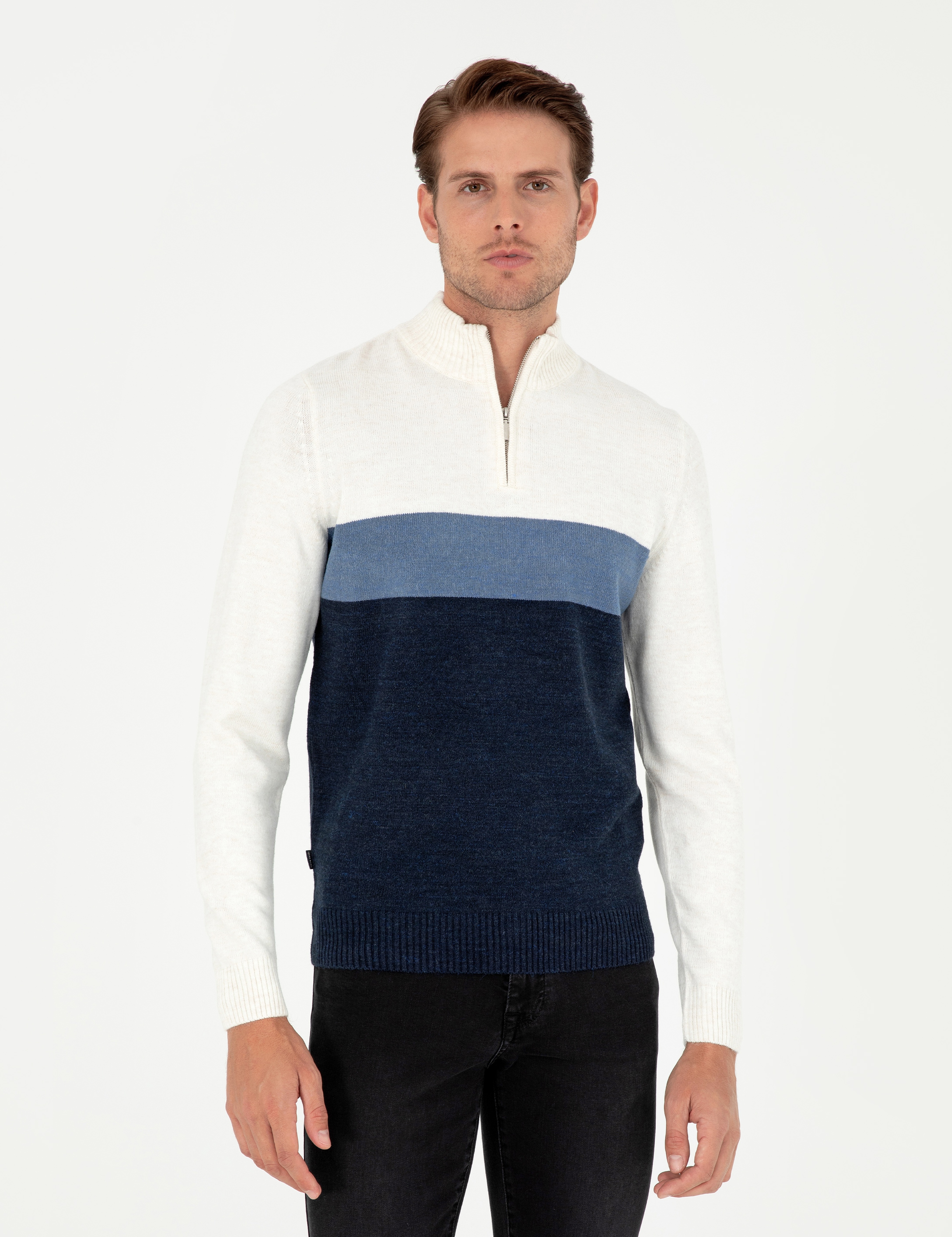 Lacivert Slim Fit Fermuarlı Dik Yaka Triko Kazak - Image 1