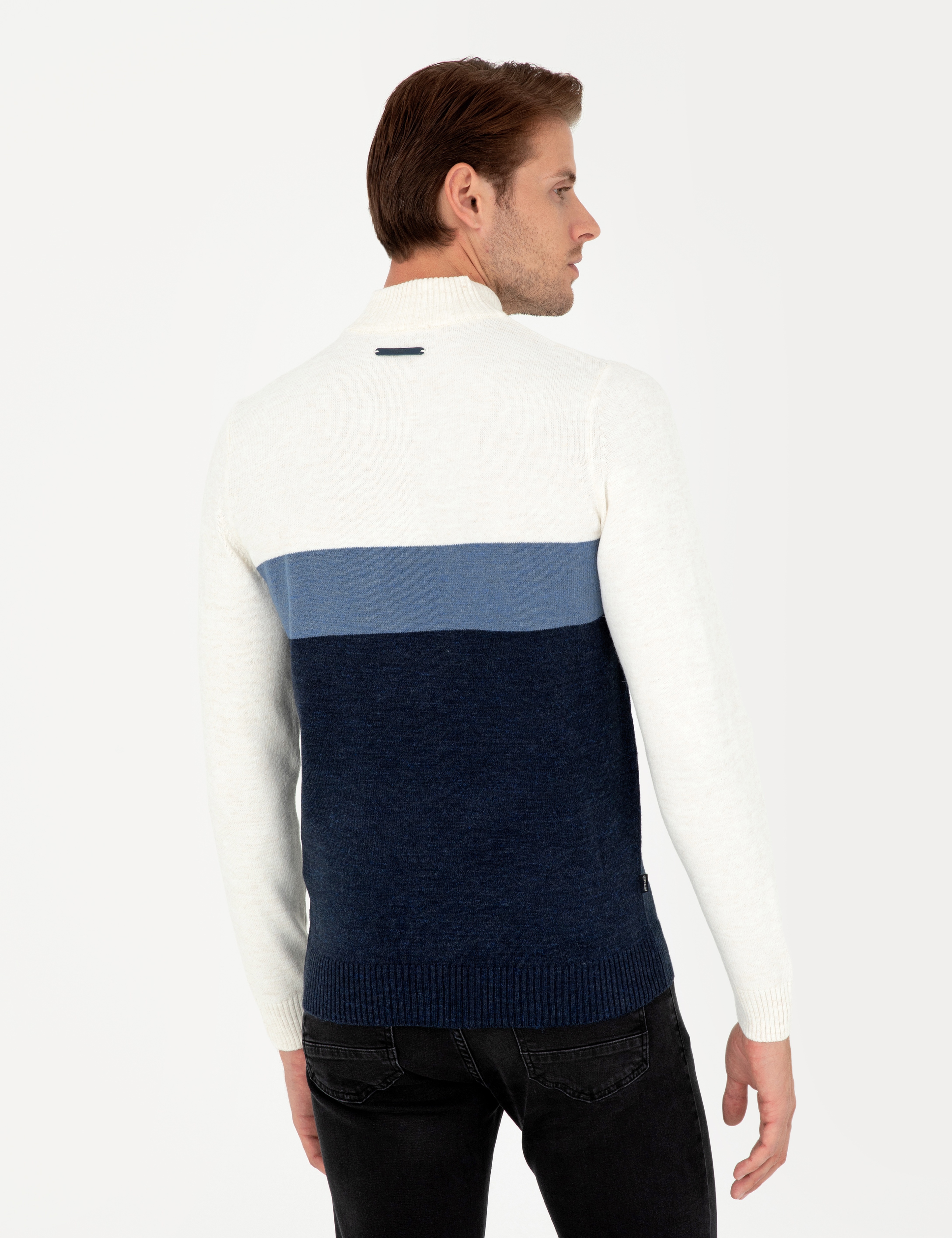 Lacivert Slim Fit Fermuarlı Dik Yaka Triko Kazak - Image 5