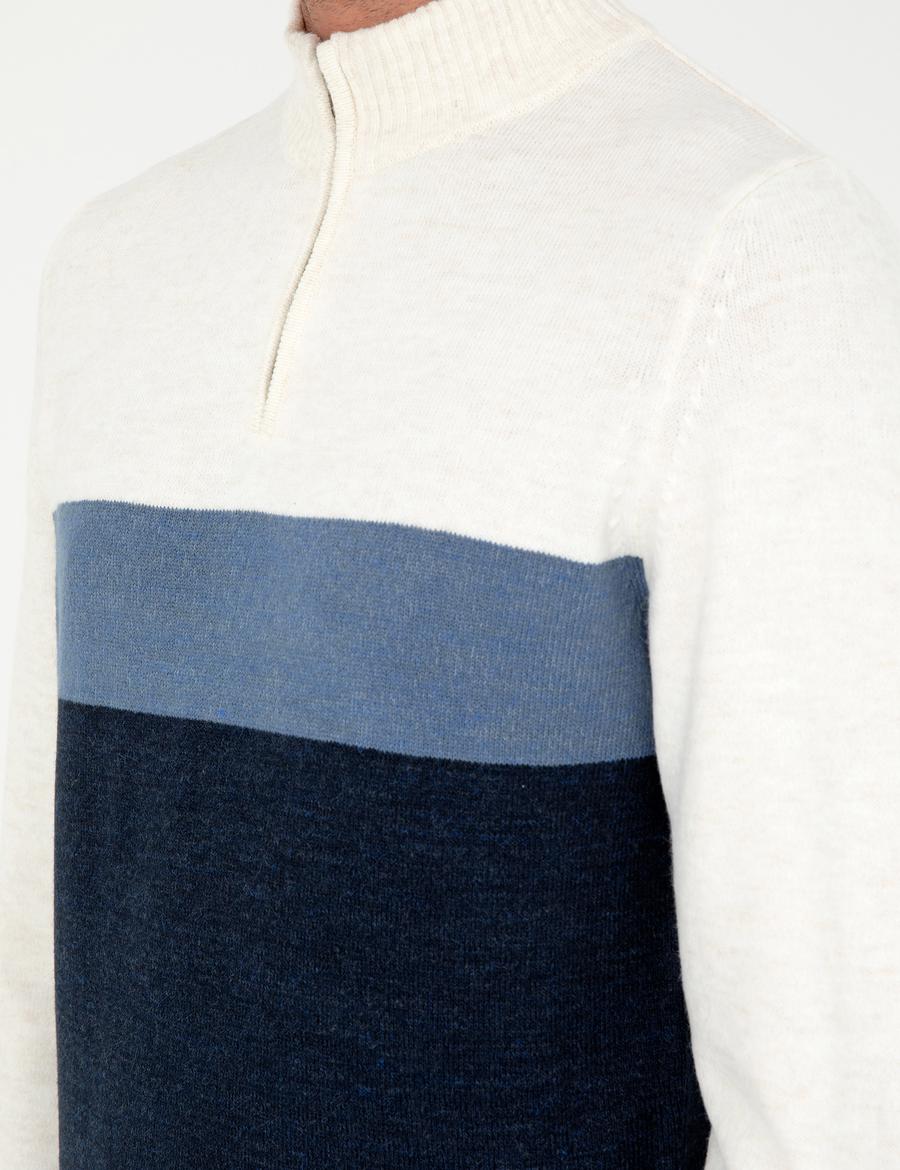 Lacivert Slim Fit Fermuarlı Dik Yaka Triko Kazak