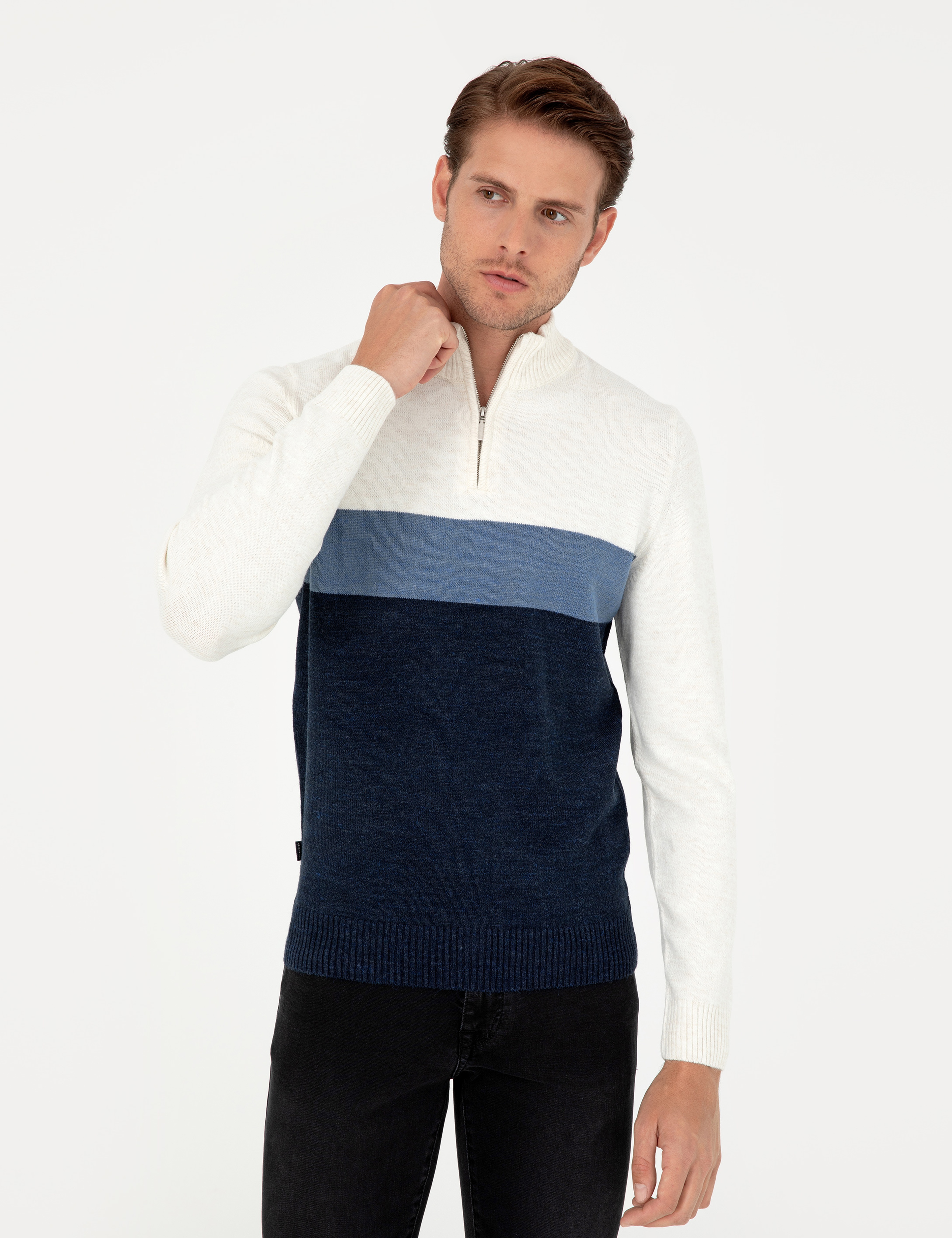 Lacivert Slim Fit Fermuarlı Dik Yaka Triko Kazak - Image 3
