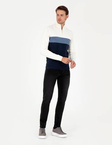 Lacivert Slim Fit Fermuarlı Dik Yaka Triko Kazak