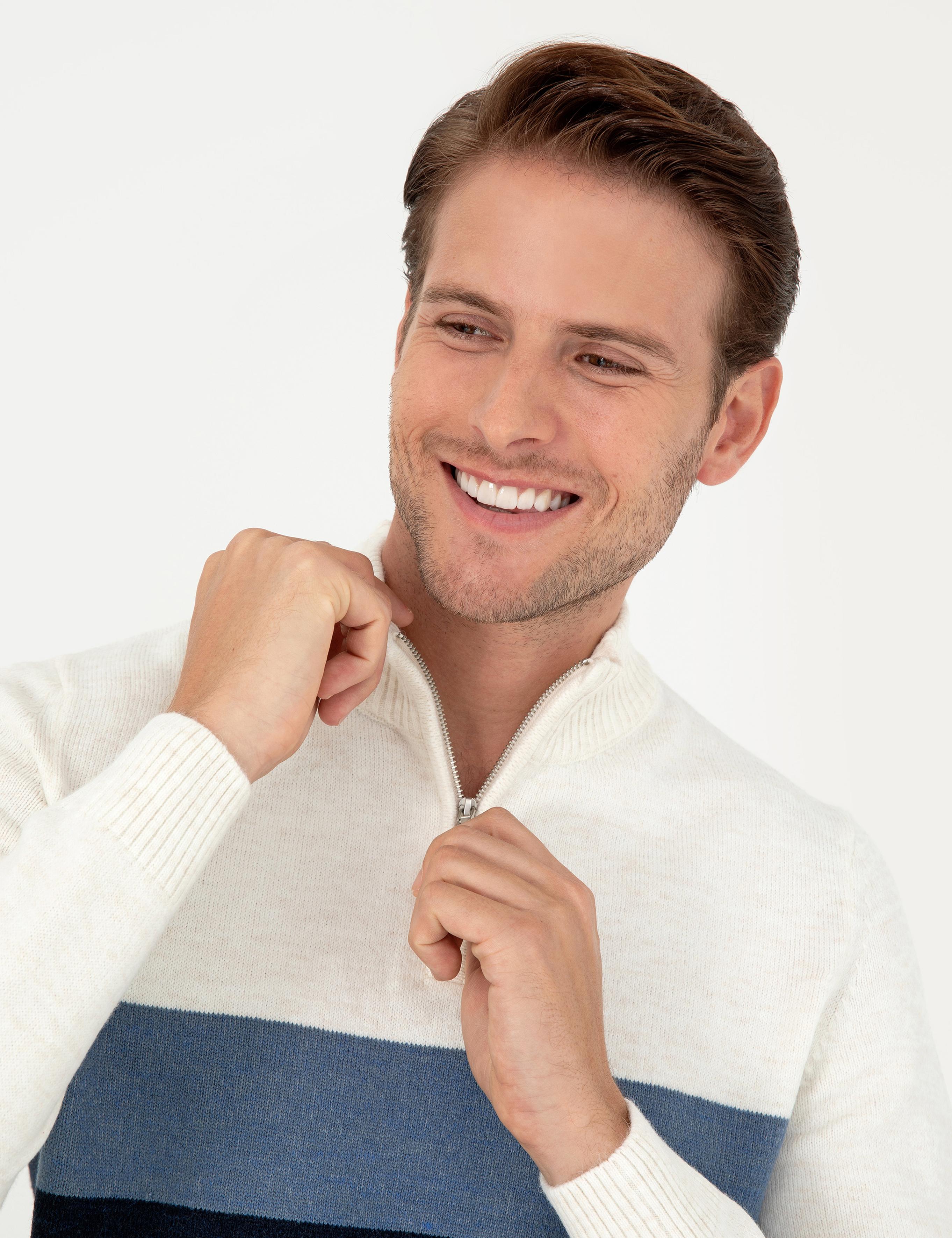 Lacivert Slim Fit Fermuarlı Dik Yaka Triko Kazak