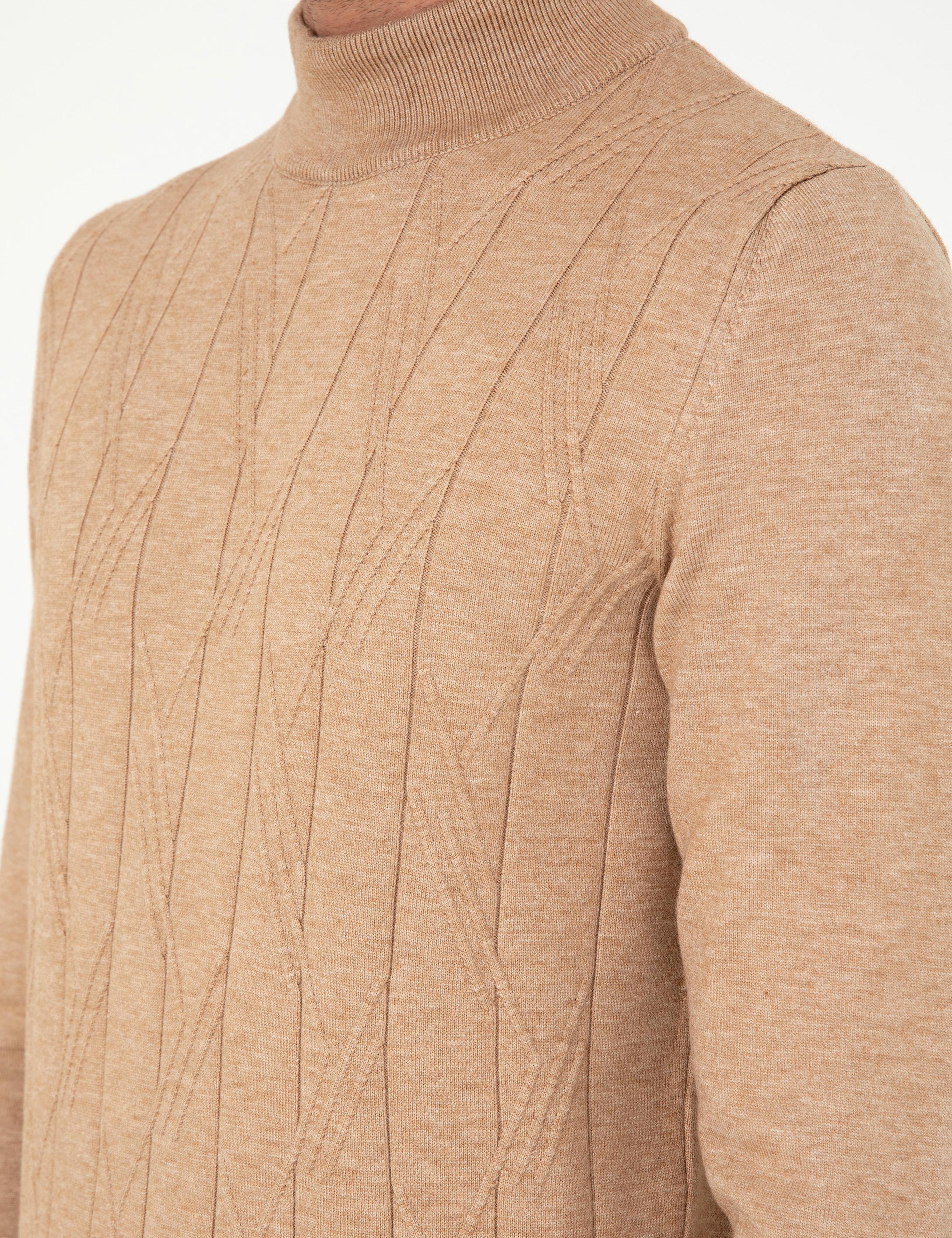 Bej Slim Fit Yarım Balıkçı Yaka Yün Karışımlı Triko Kazak