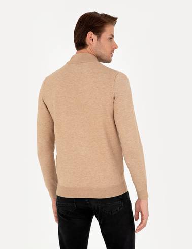 Bej Slim Fit Yarım Balıkçı Yaka Triko Kazak