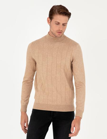 Bej Slim Fit Yarım Balıkçı Yaka Yün Karışımlı Triko Kazak - 50296414001