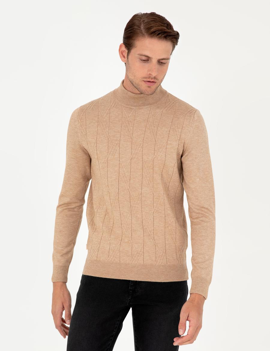 Bej Slim Fit Yarım Balıkçı Yaka Yün Karışımlı Triko Kazak