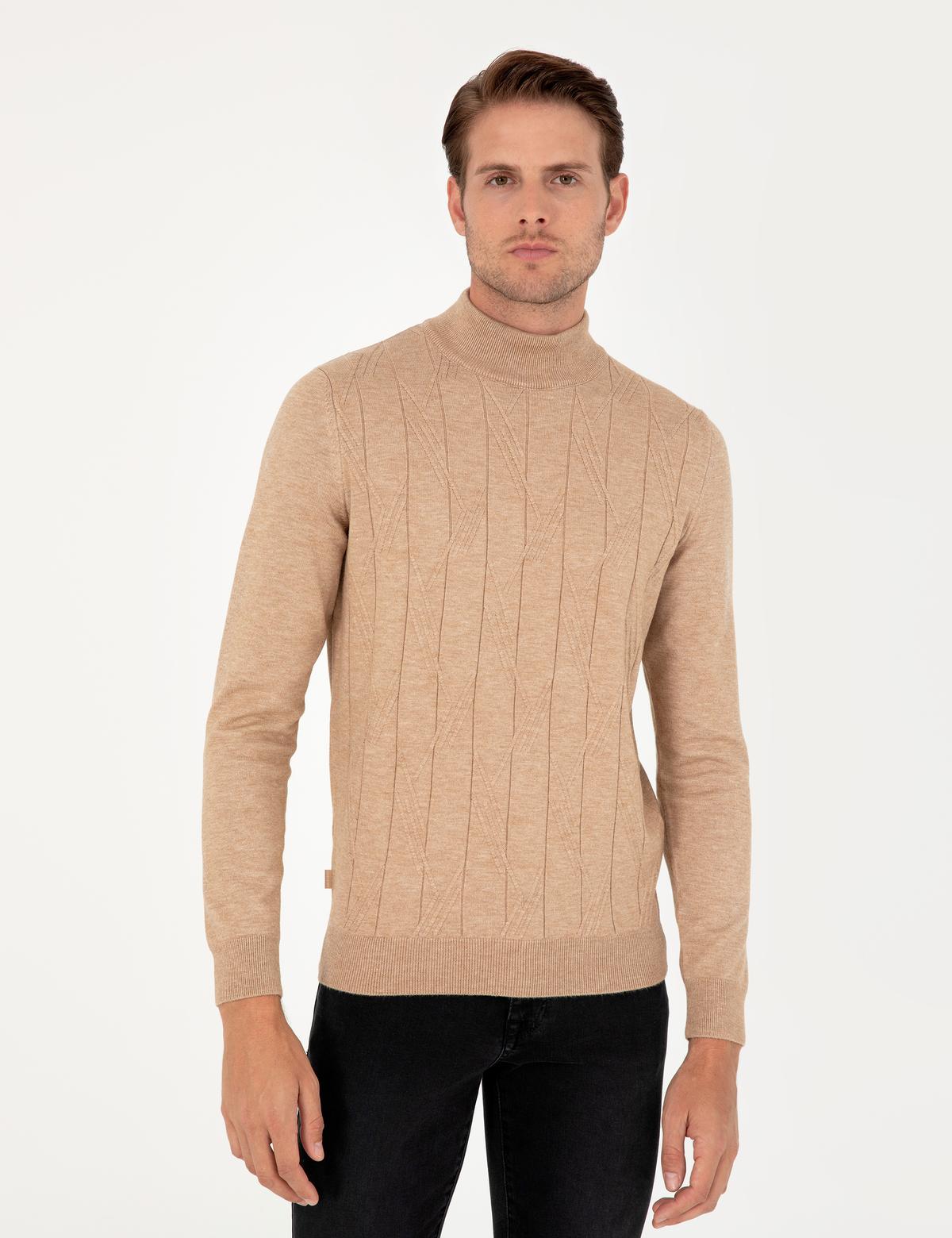 Bej Slim Fit Yarım Balıkçı Yaka Yün Karışımlı Triko Kazak - 50296414001