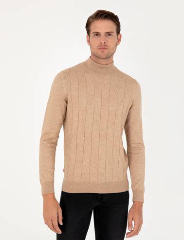 Bej Slim Fit Yarım Balıkçı Yaka Triko Kazak