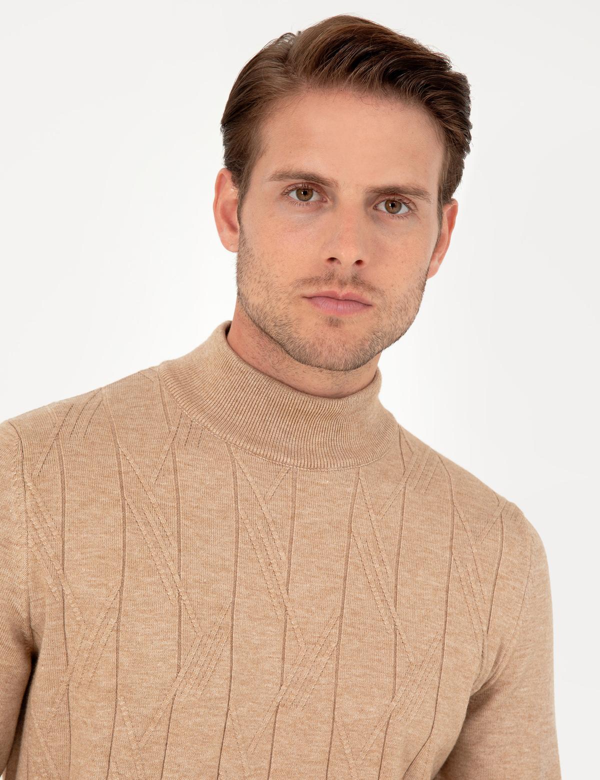 Bej Slim Fit Yarım Balıkçı Yaka Yün Karışımlı Triko Kazak - 50296414001