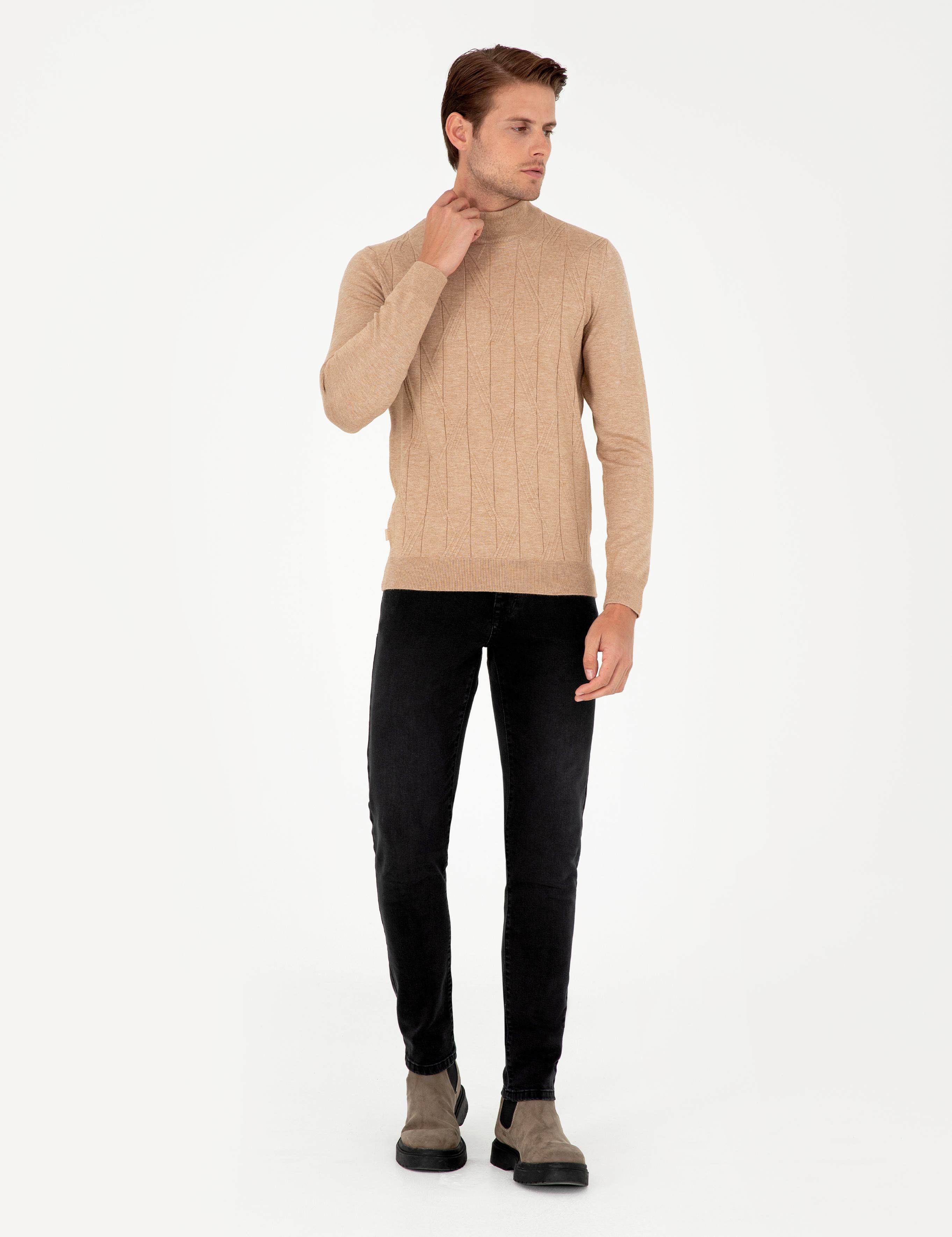 Bej Slim Fit Yarım Balıkçı Yaka Yün Karışımlı Triko Kazak