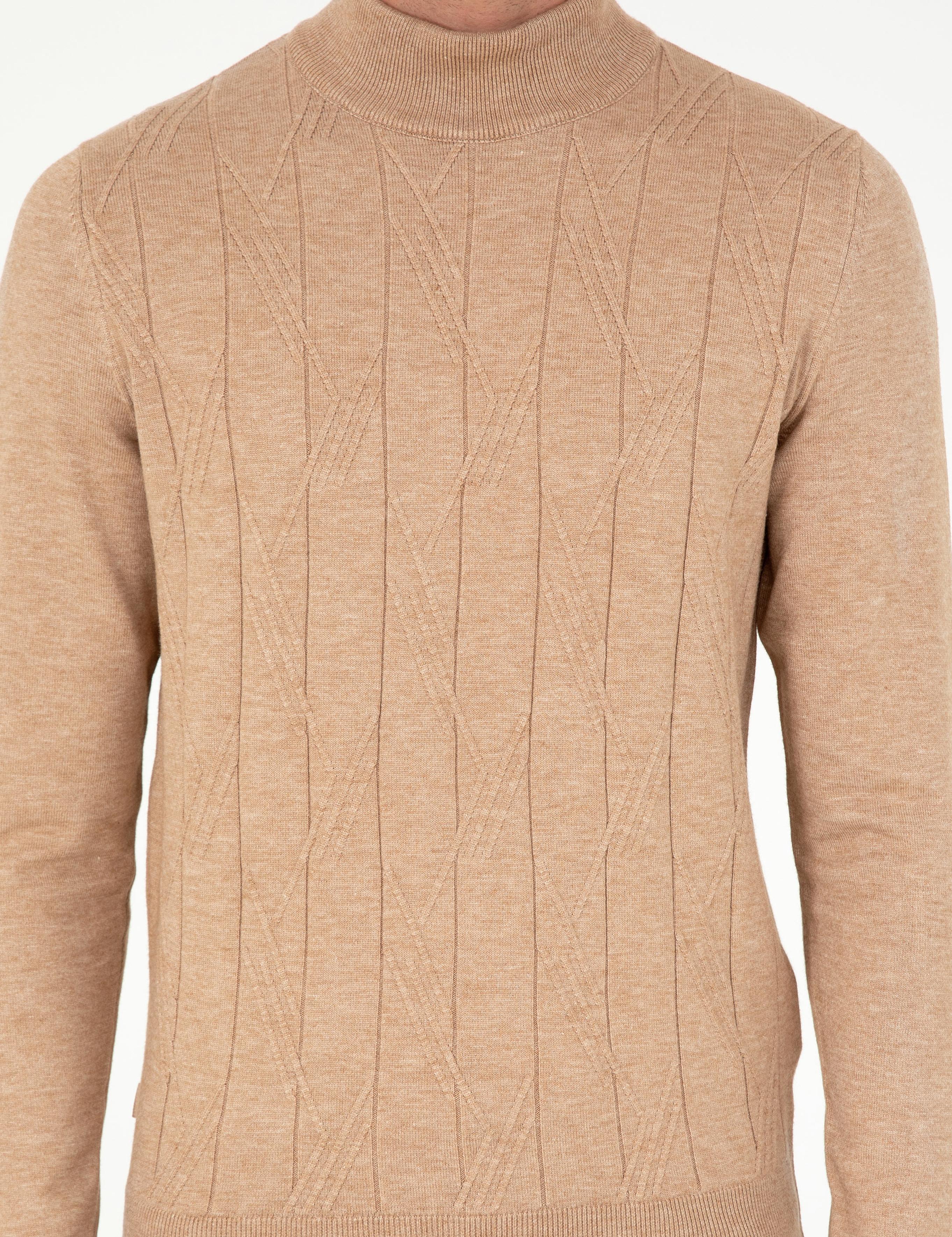 Bej Slim Fit Yarım Balıkçı Yaka Yün Karışımlı Triko Kazak