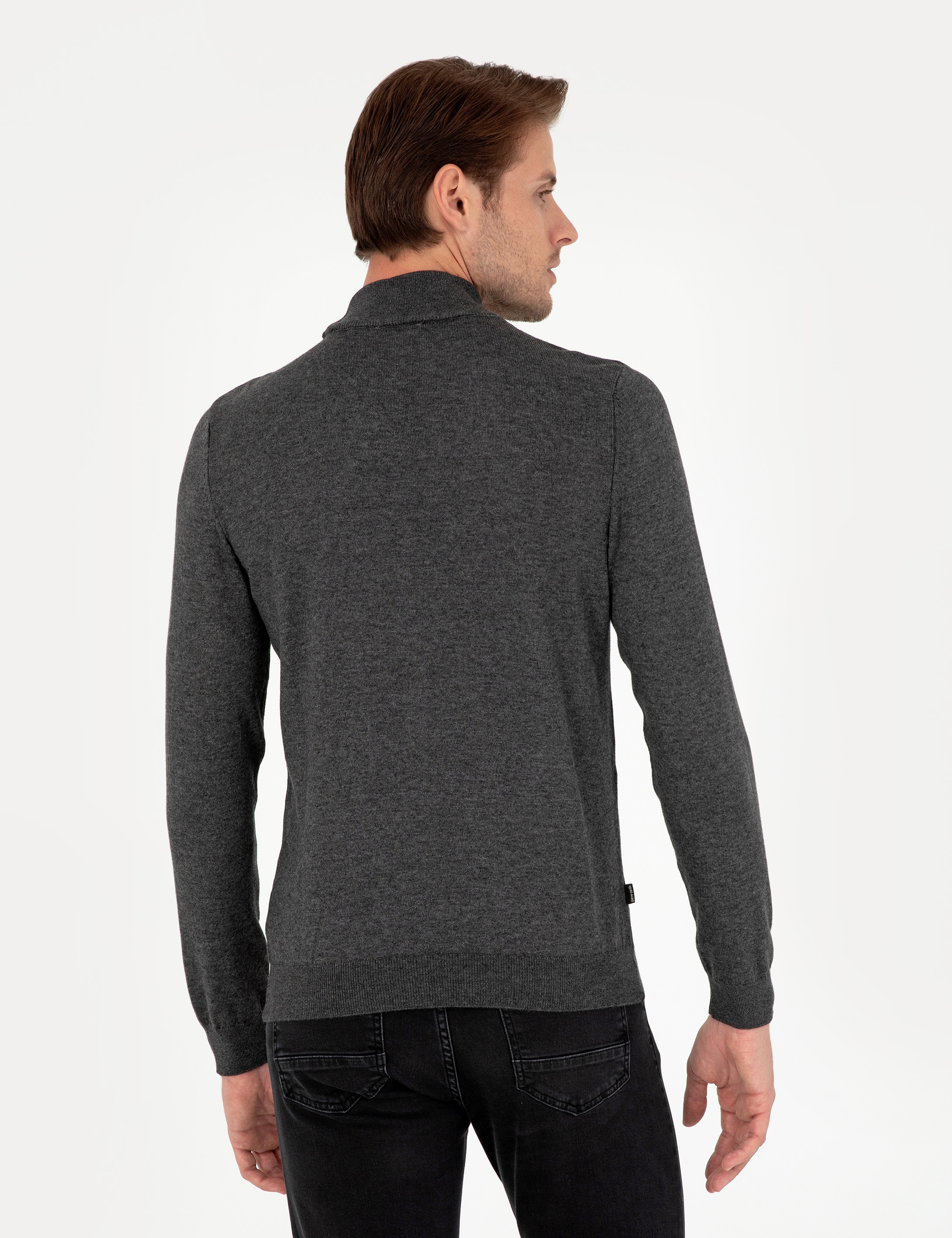 Antrasit Melanj Slim Fit Yarım Balıkçı Yaka Basic Triko Kazak - Image 5