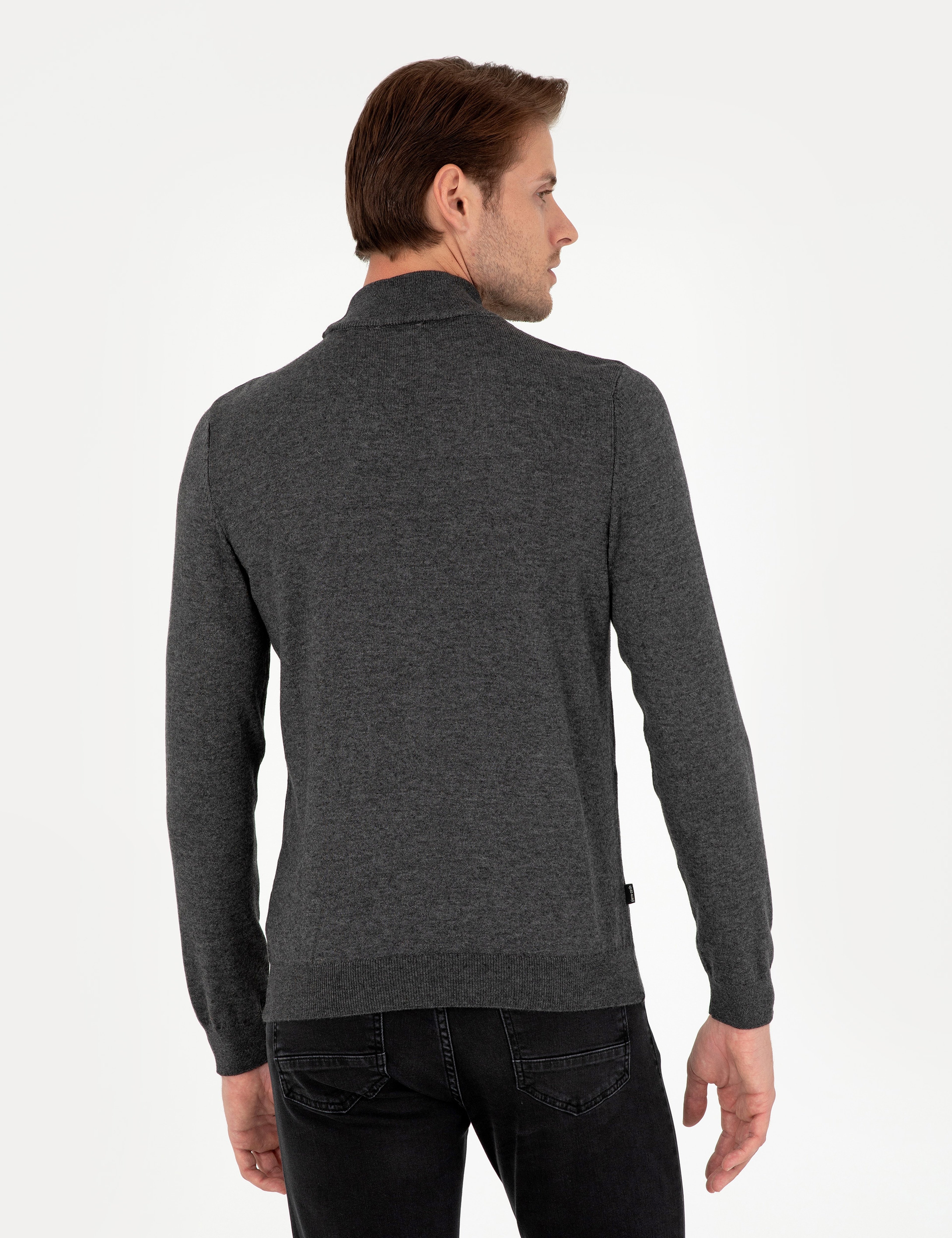 Antrasit Melanj Slim Fit Yarım Balıkçı Yaka Basic Triko Kazak