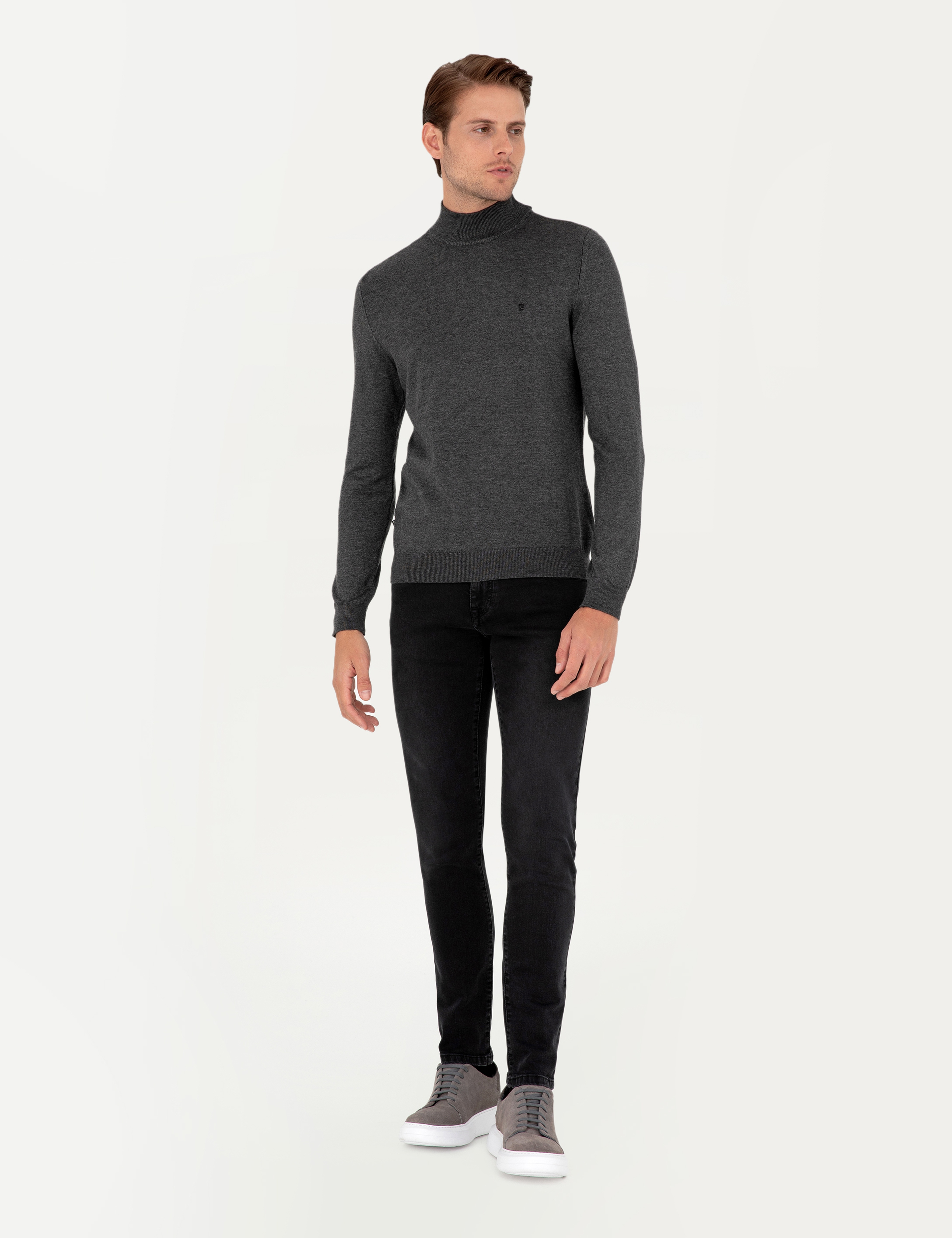 Antrasit Melanj Slim Fit Yarım Balıkçı Yaka Basic Triko Kazak - Image 4