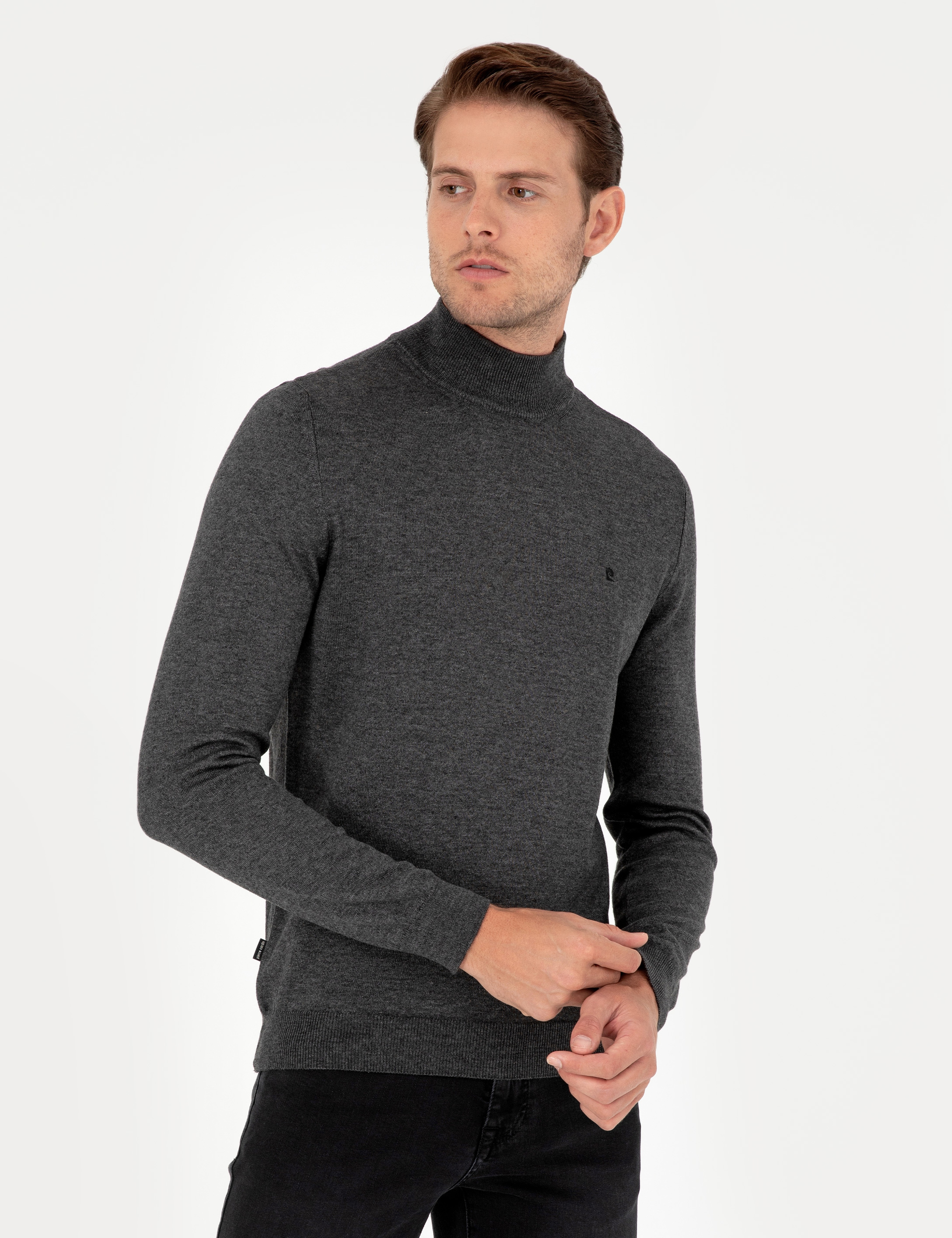 Antrasit Melanj Slim Fit Yarım Balıkçı Yaka Basic Triko Kazak