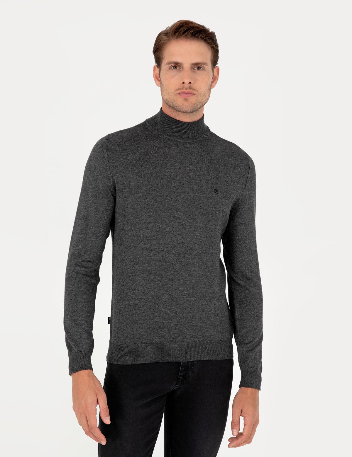 Antrasit Melanj Slim Fit Yarım Balıkçı Yaka Basic Triko Kazak - 50296614041