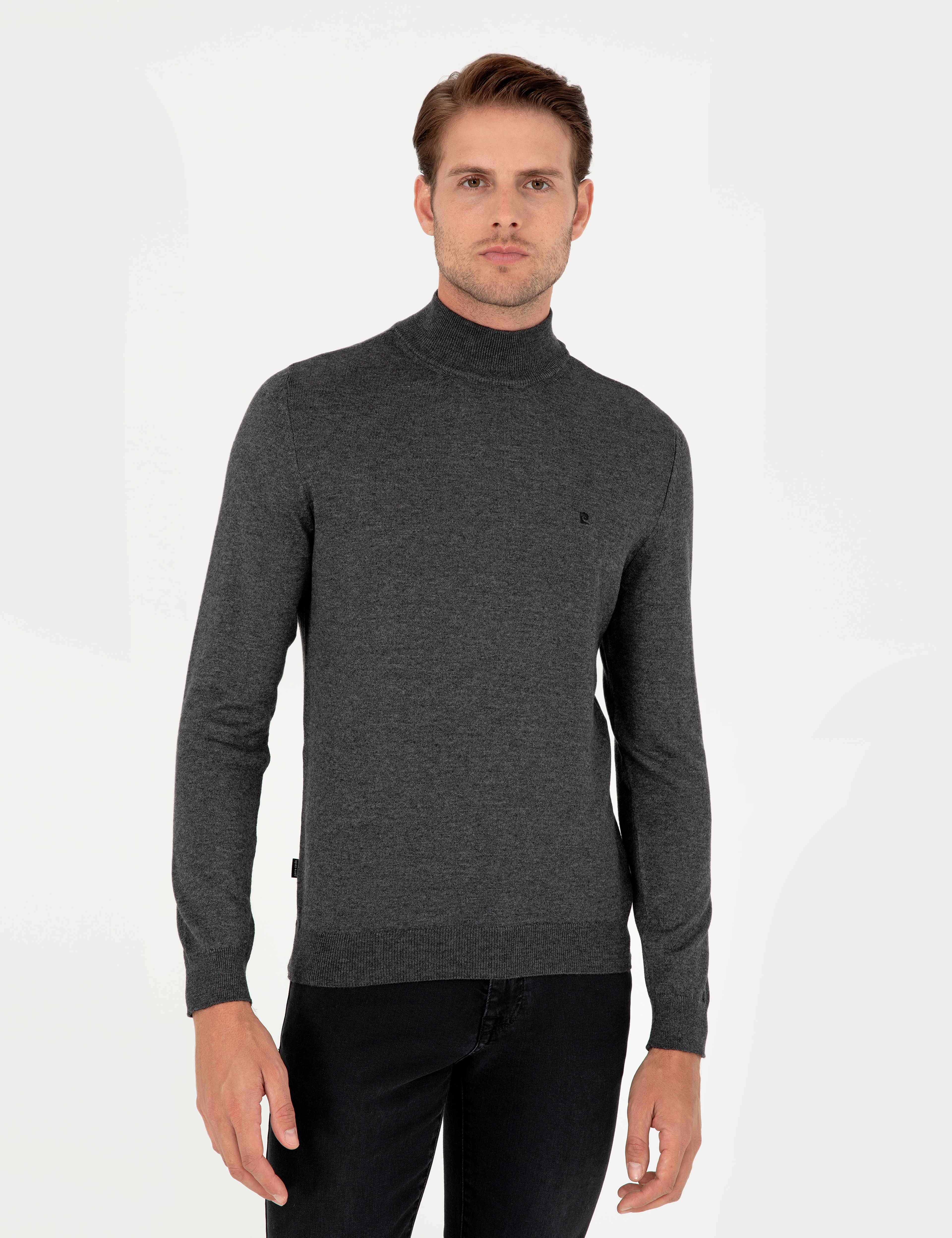 Antrasit Melanj Slim Fit Yarım Balıkçı Yaka Basic Triko Kazak