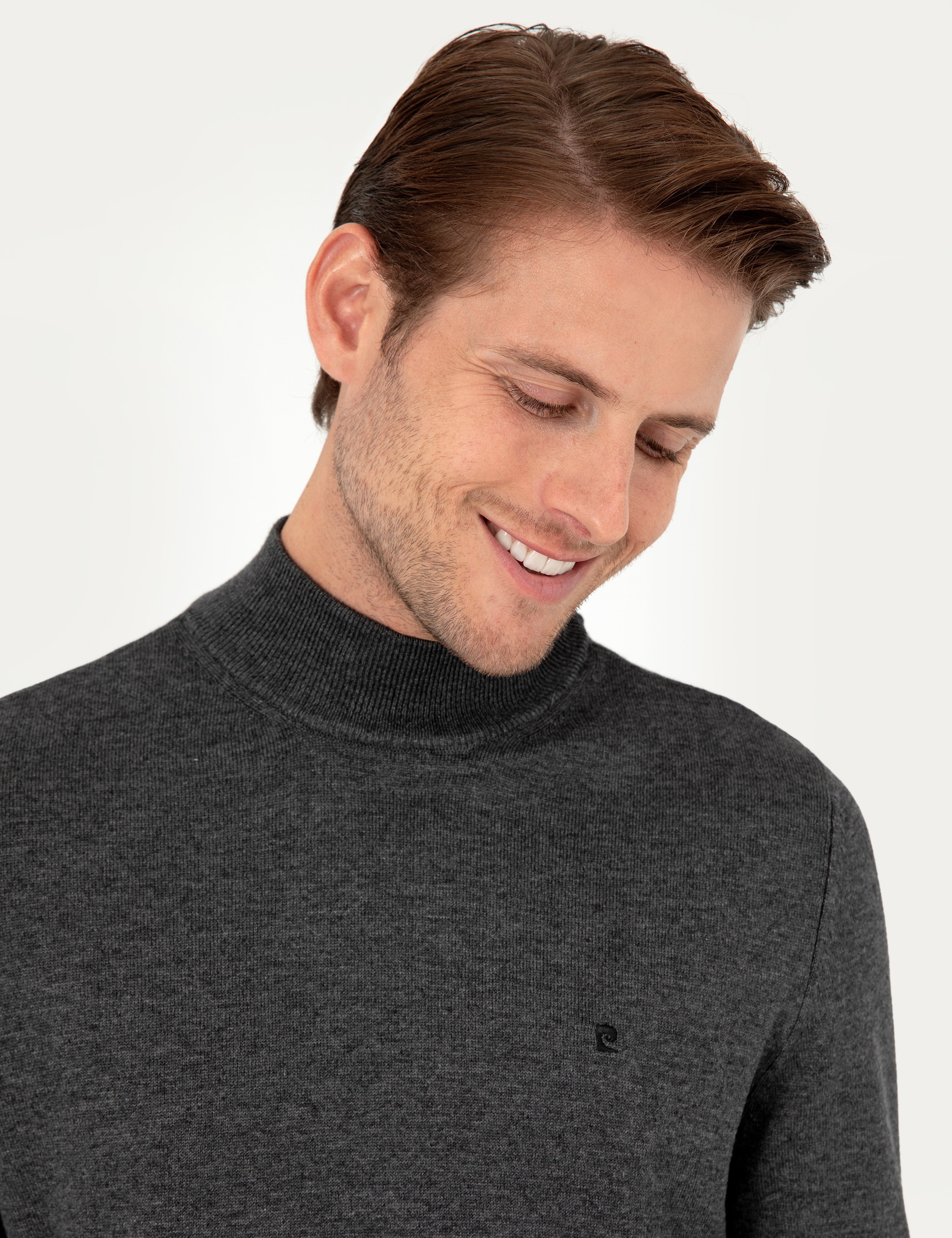 Antrasit Melanj Slim Fit Yarım Balıkçı Yaka Basic Triko Kazak