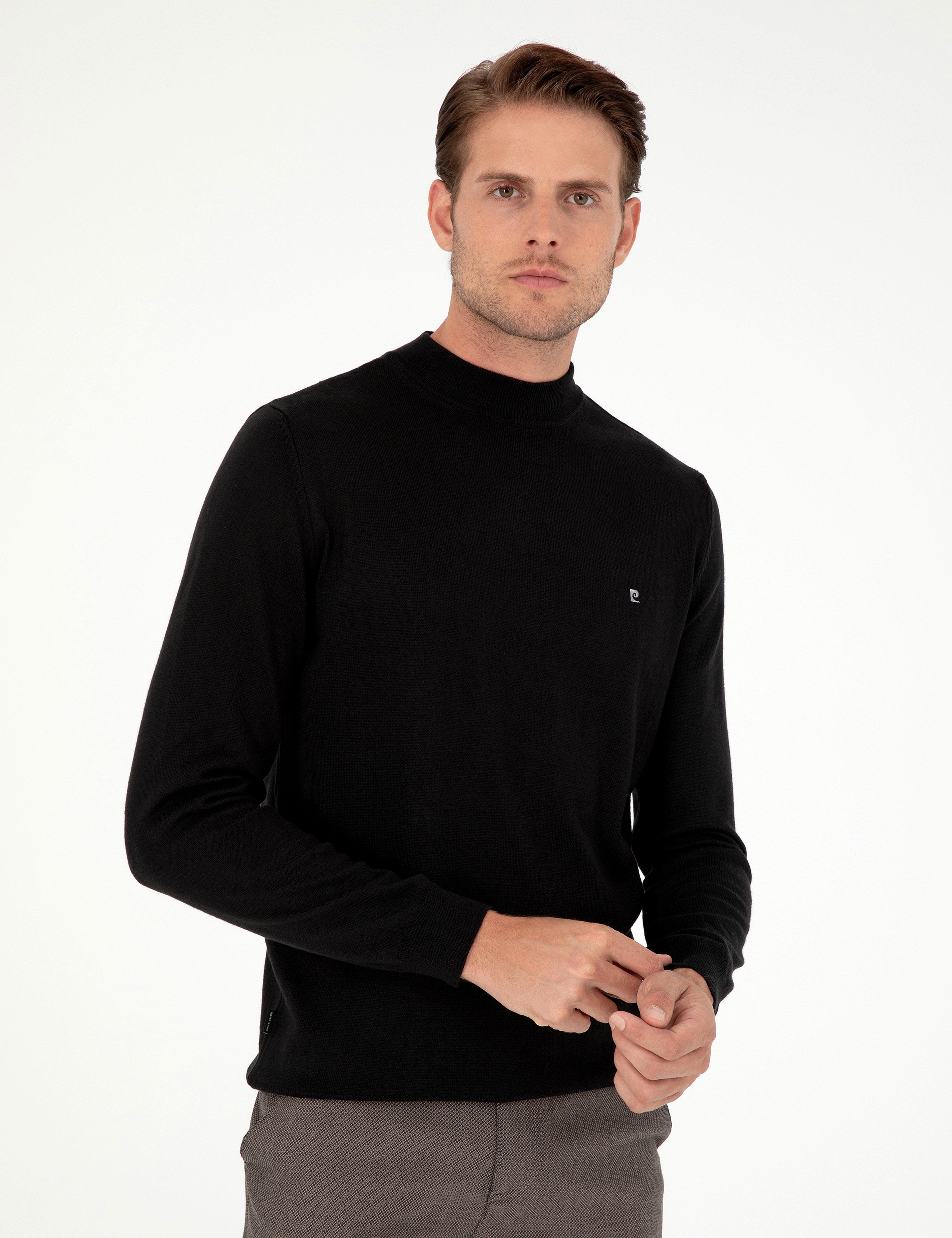 Siyah Slim Fit Çeyrek Yaka Basic Triko Kazak - Image 3