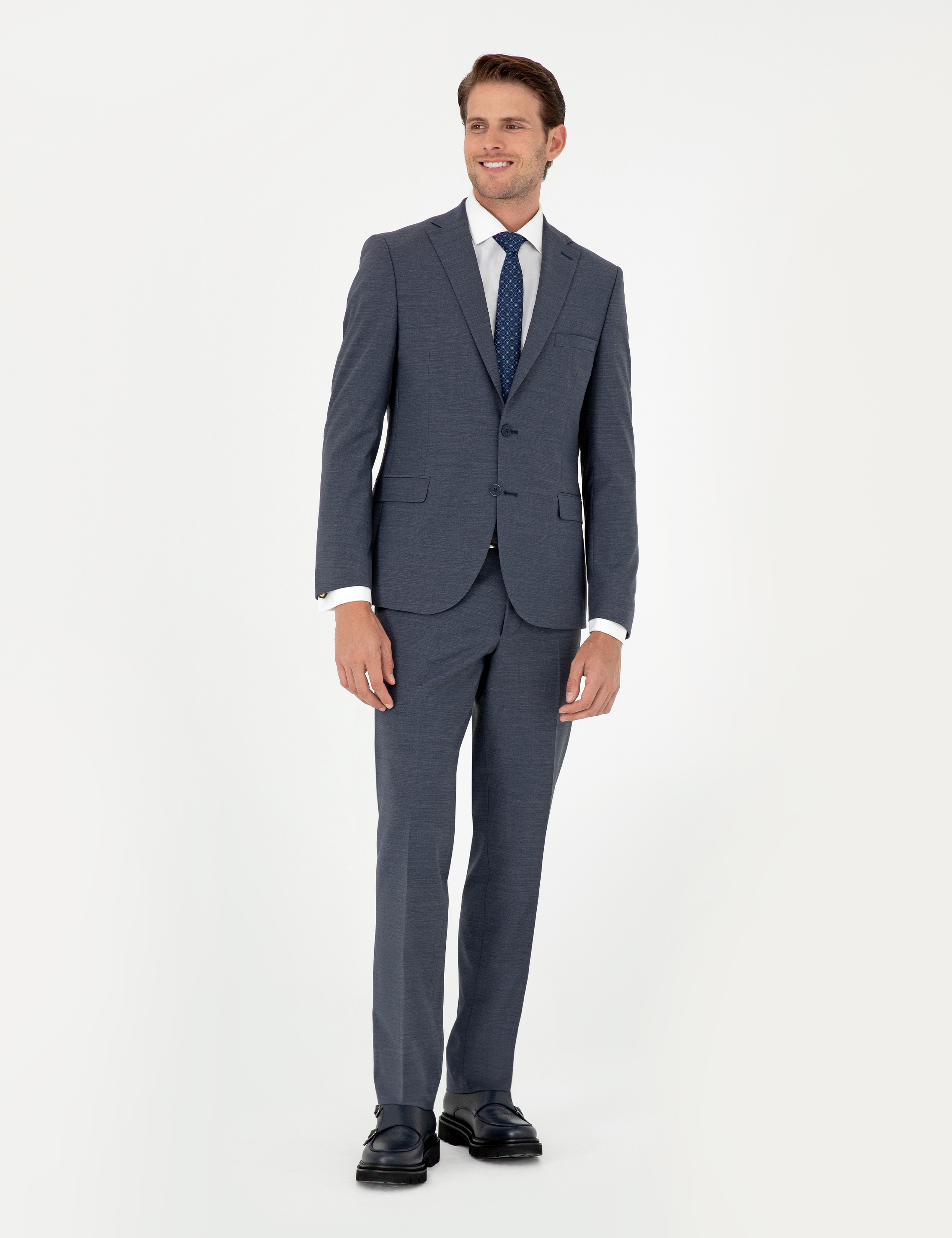 Koyu Mavi Slim Fit Yün Karışımlı Takım Elbise - Image 1