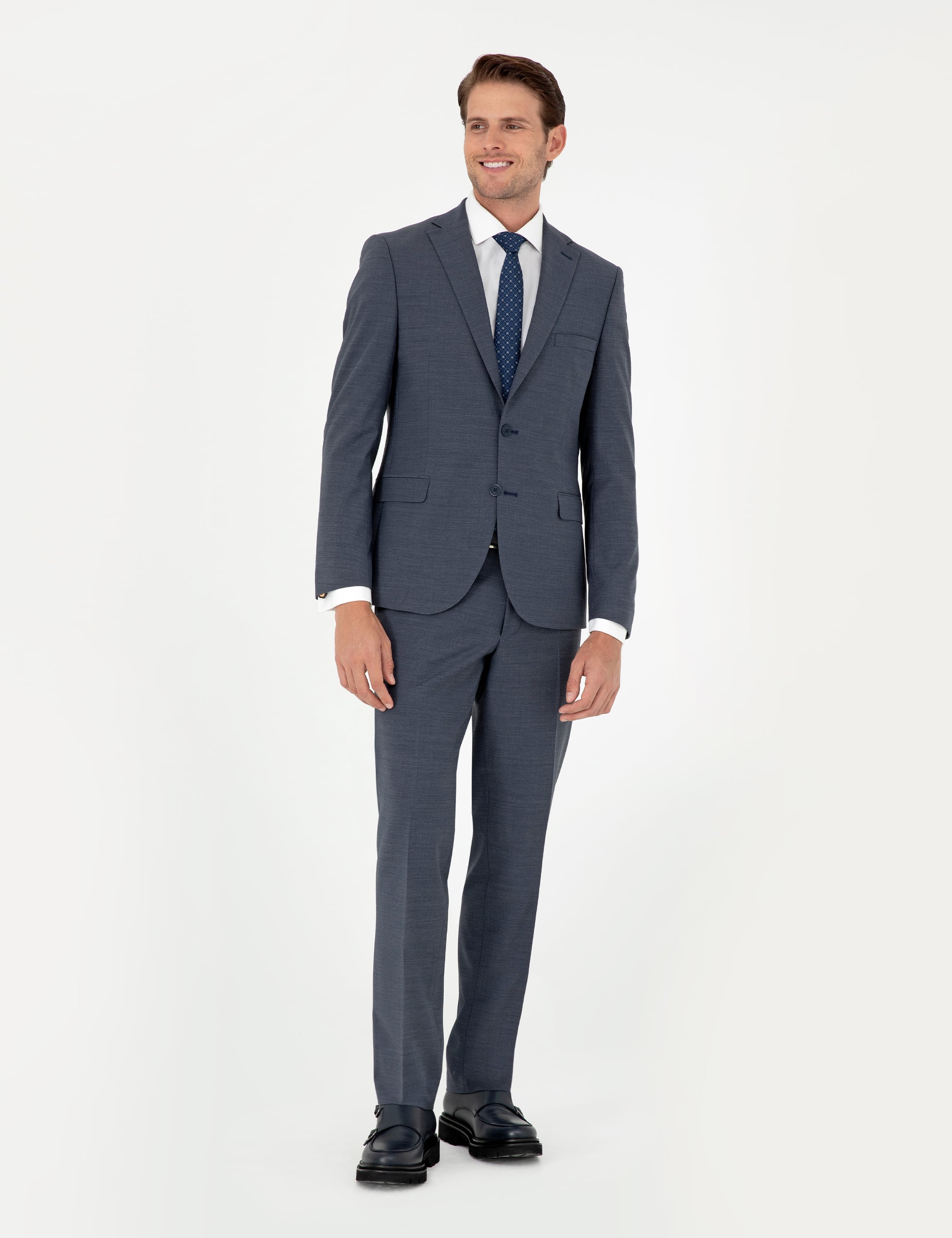 Koyu Mavi Slim Fit Yün Karışımlı Takım Elbise