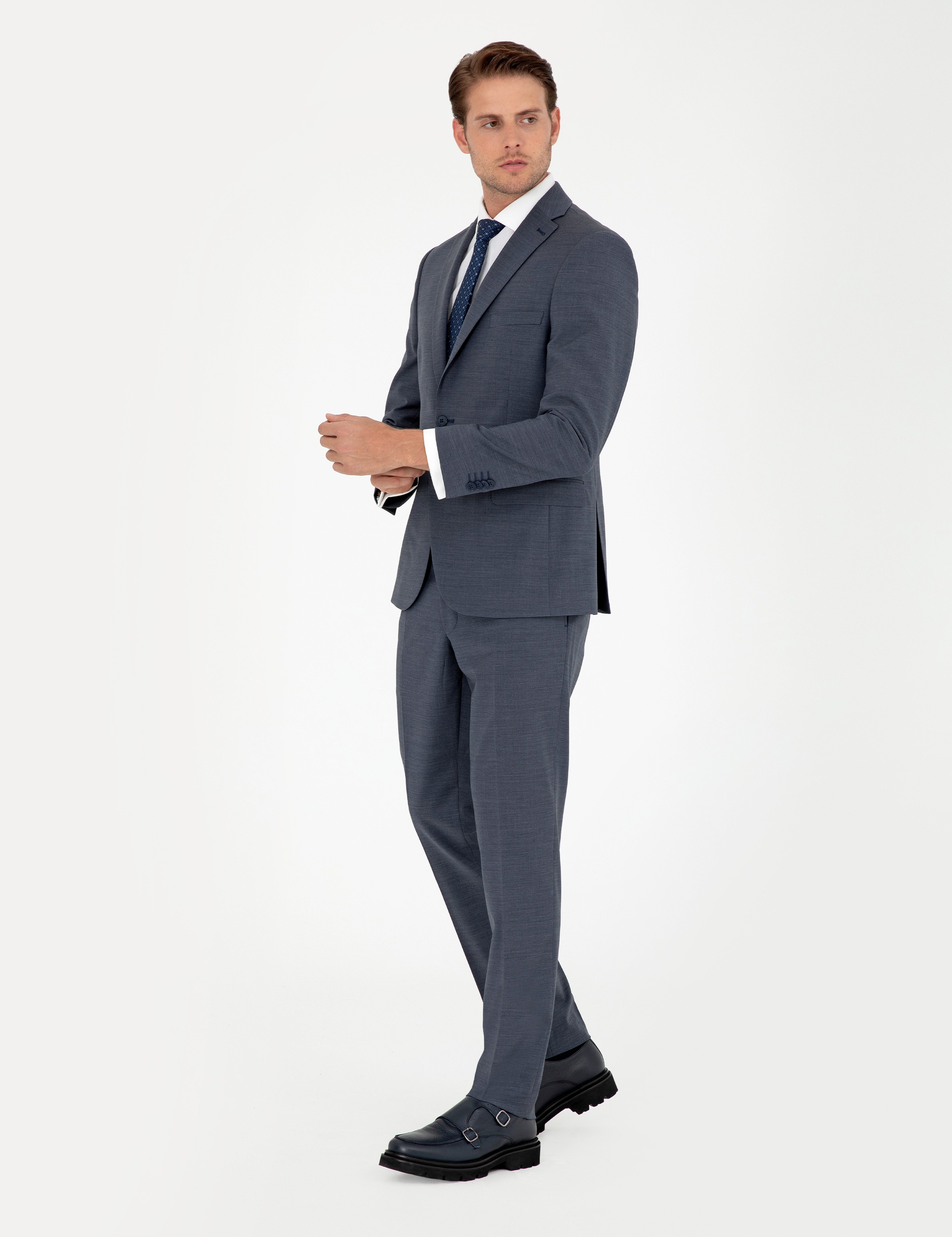 Koyu Mavi Slim Fit Yün Karışımlı Takım Elbise - Image 4