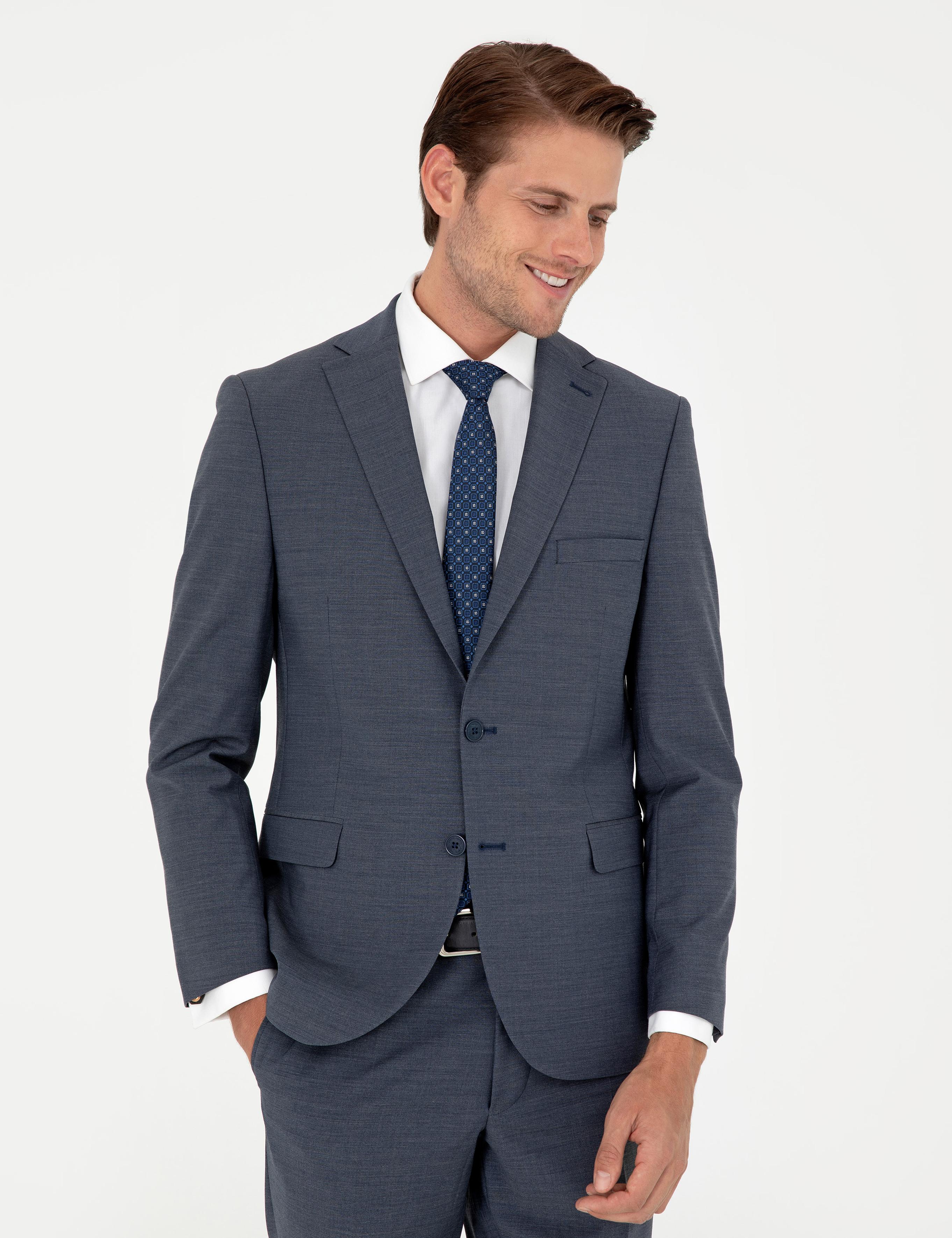 Koyu Mavi Slim Fit Yün Karışımlı Takım Elbise