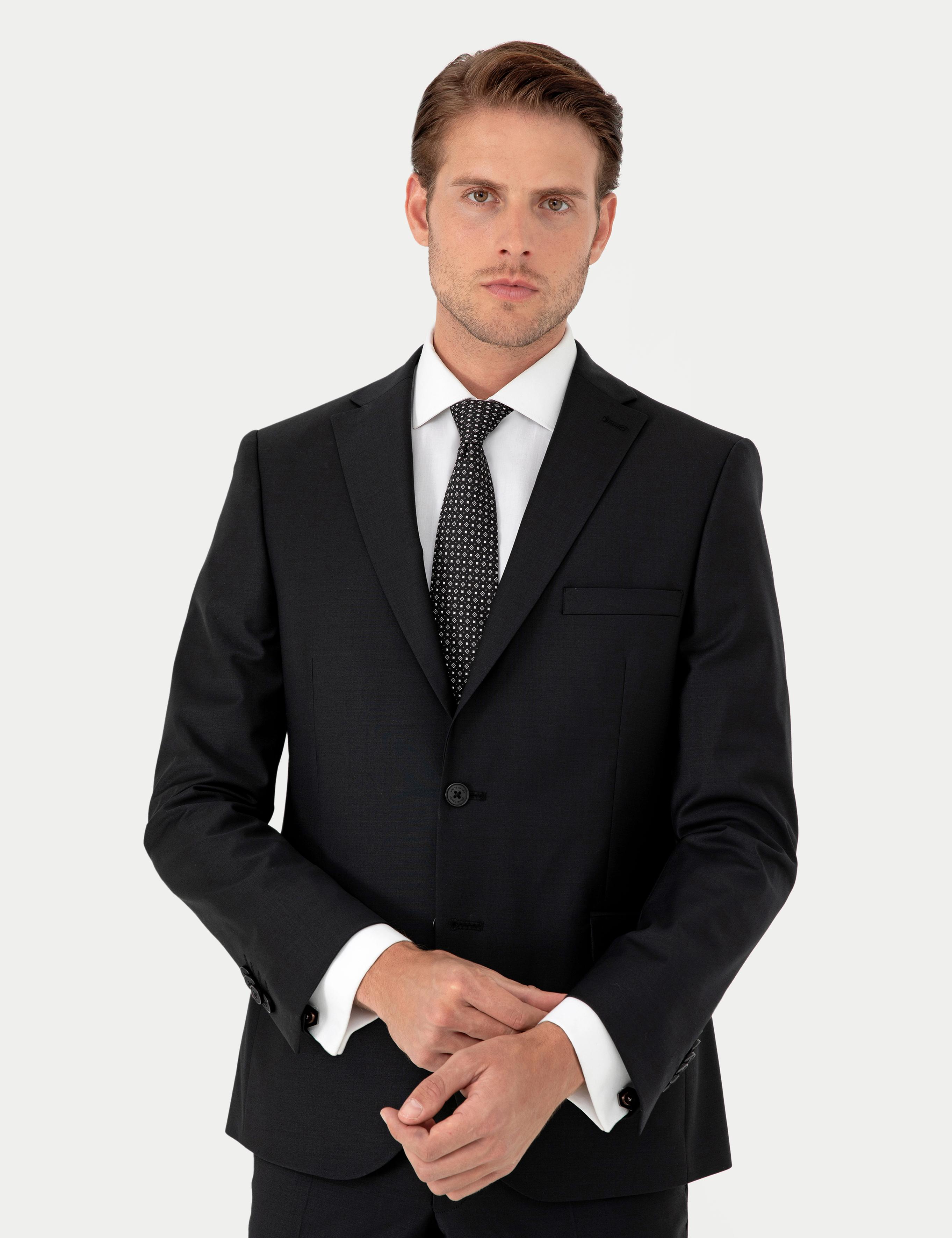 Siyah Slim Fit Yün Karışımlı Takım Elbise