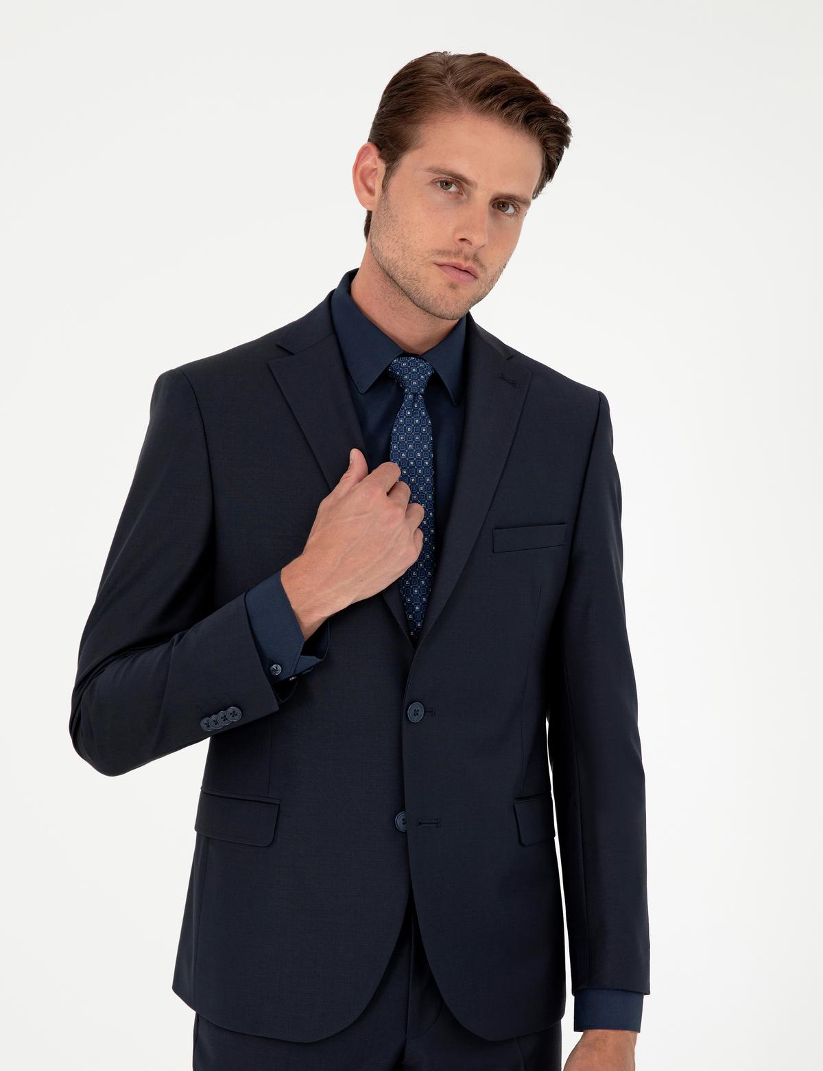 Lacivert Slim Fit Yün Karışımlı Takım Elbise - 50288146044