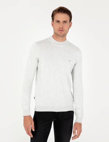 Krem Melanj Slim Fit Çeyrek Yaka Basic Triko Kazak