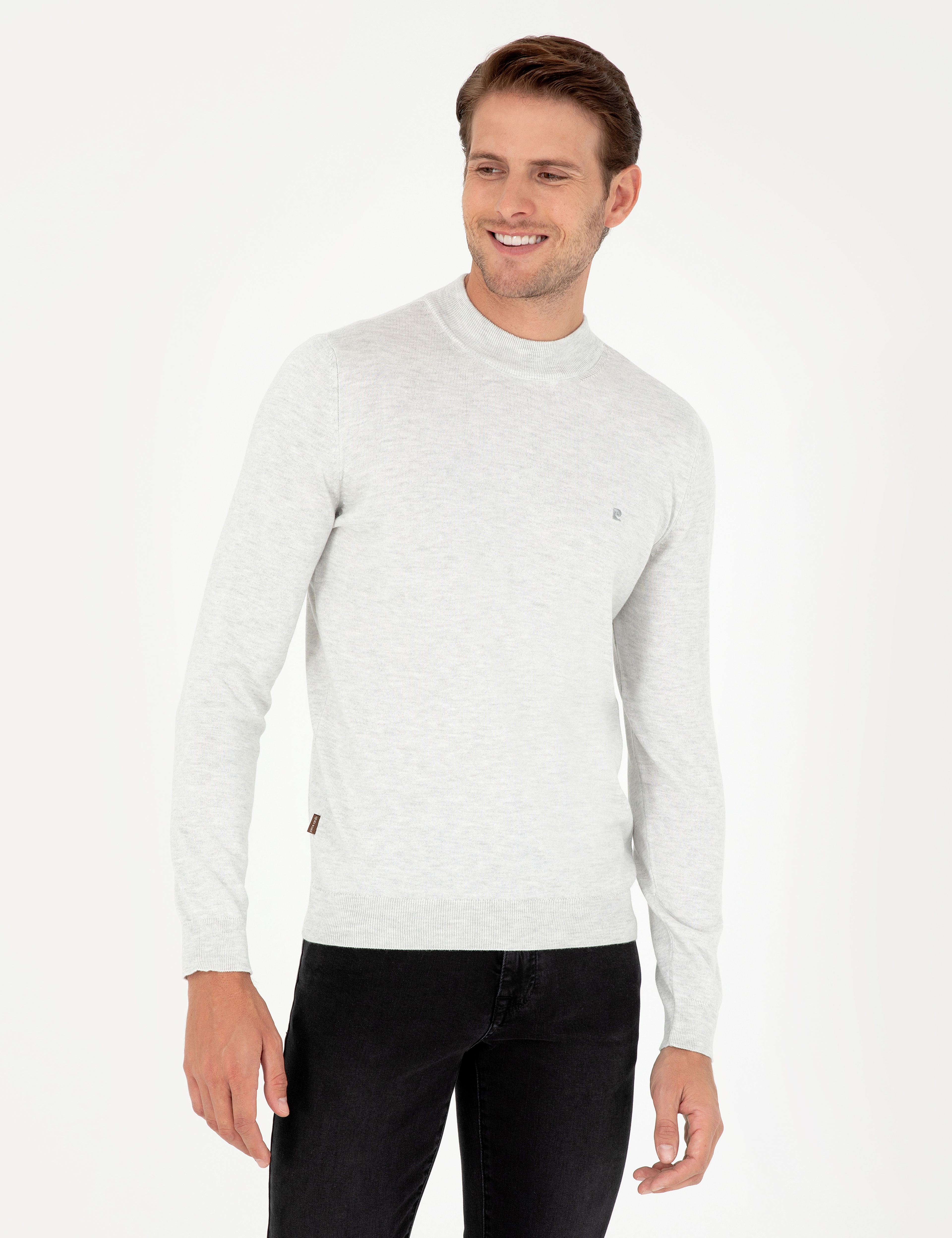 Krem Melanj Slim Fit Çeyrek Yaka Basic Triko Kazak - Image 1