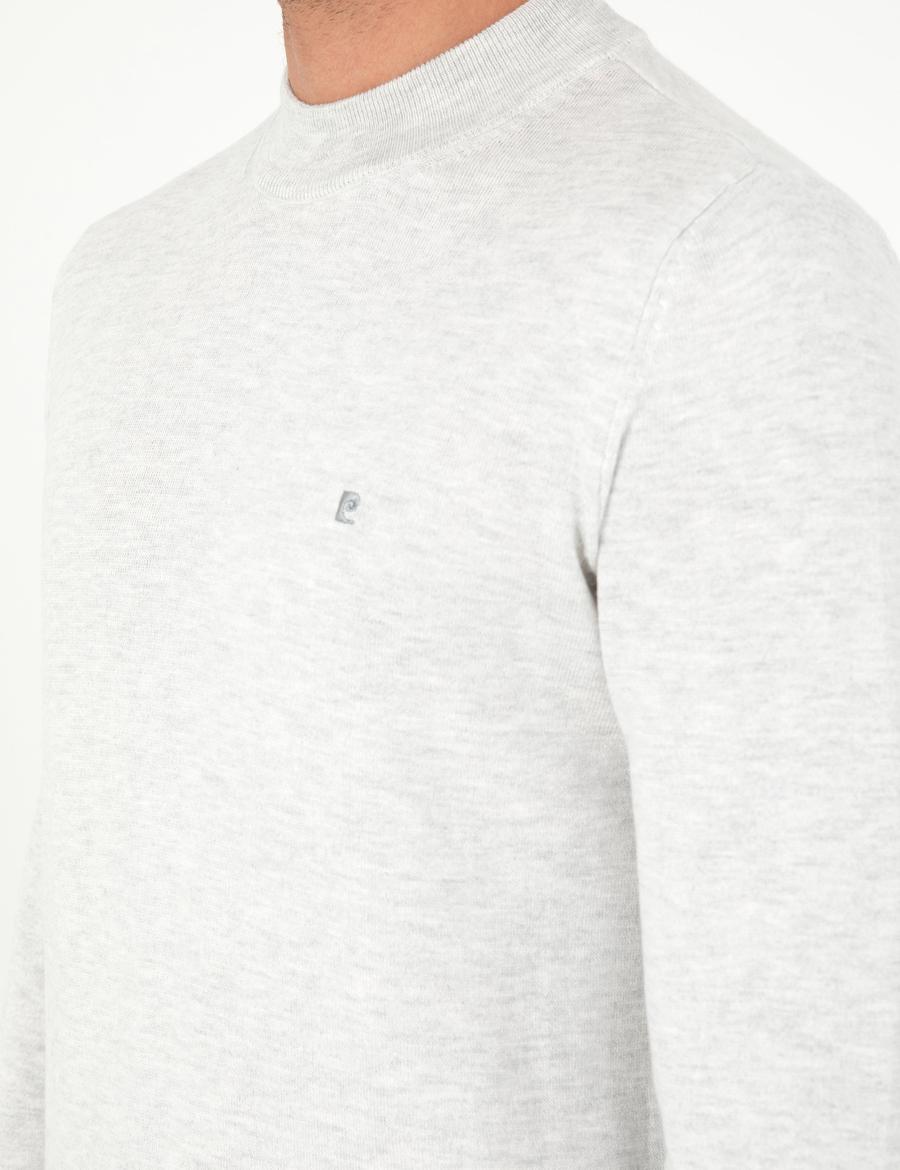 Krem Melanj Slim Fit Çeyrek Yaka Basic Triko Kazak