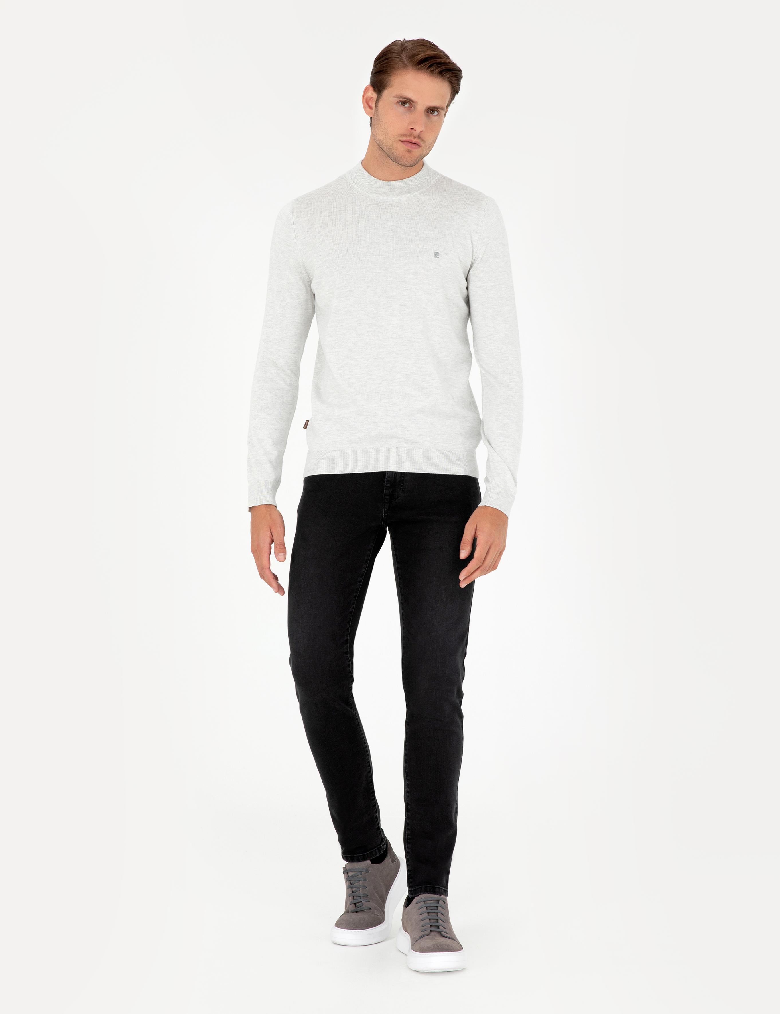 Krem Melanj Slim Fit Çeyrek Yaka Basic Triko Kazak