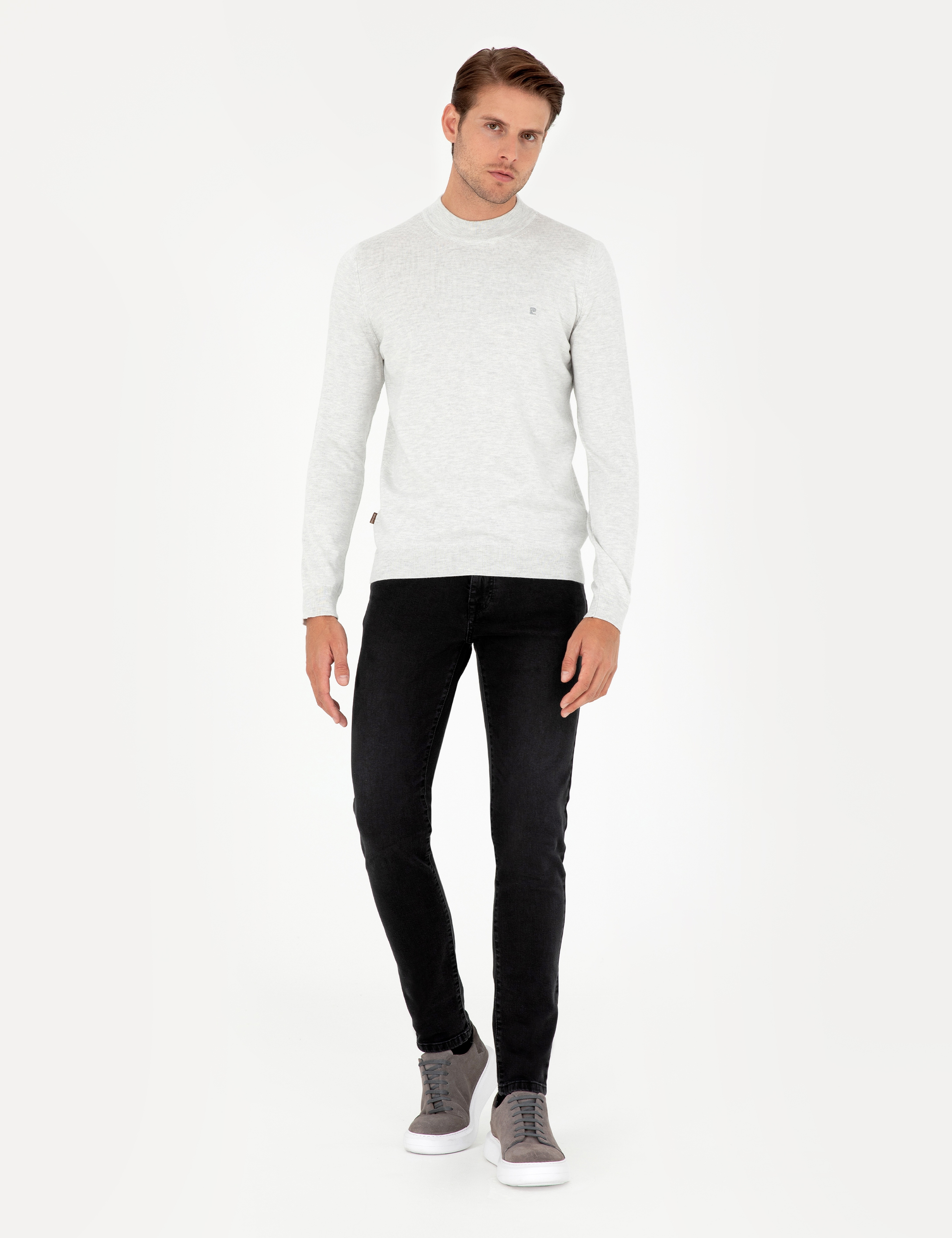 Krem Melanj Slim Fit Çeyrek Yaka Basic Triko Kazak - Image 4