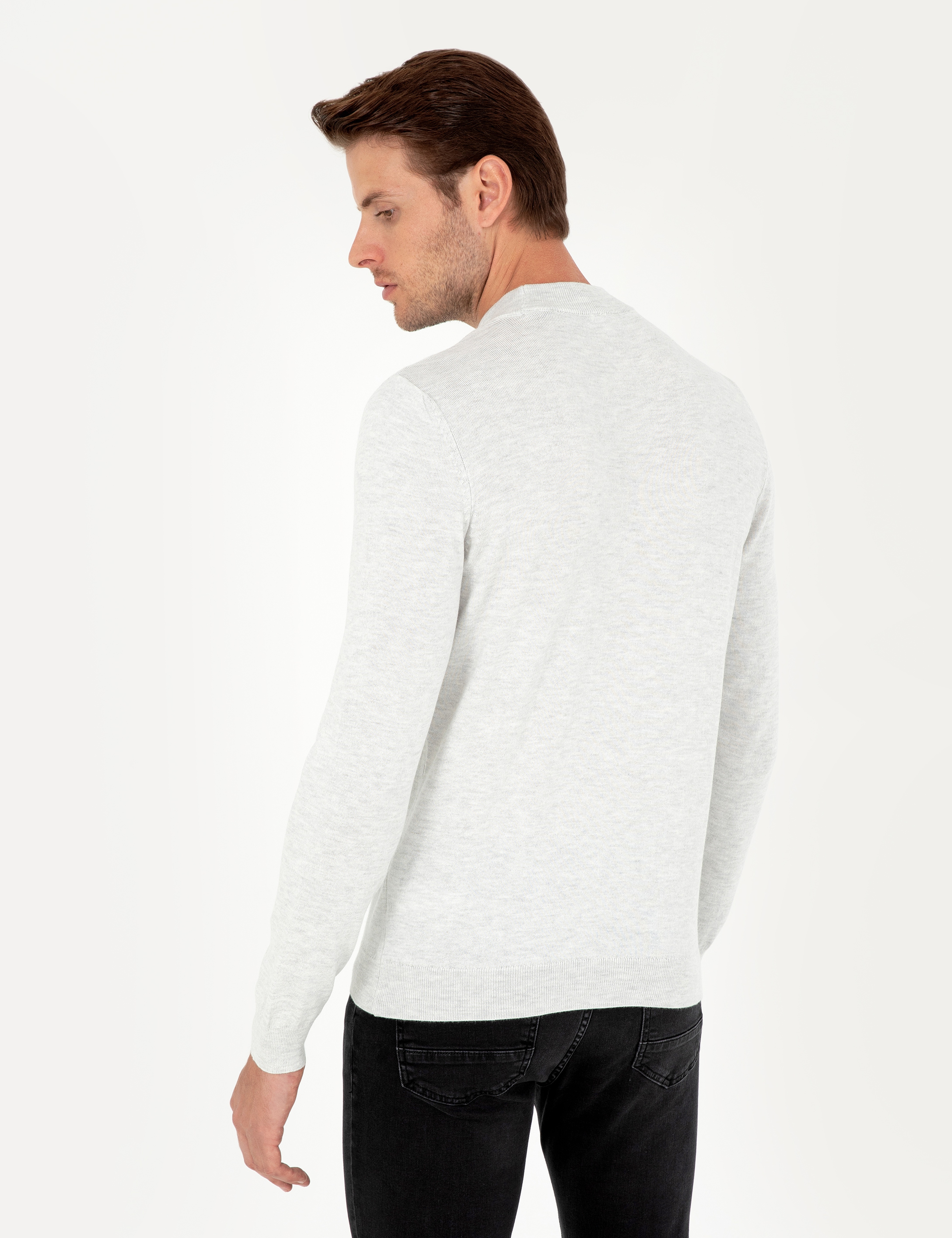 Krem Melanj Slim Fit Çeyrek Yaka Basic Triko Kazak - Image 5
