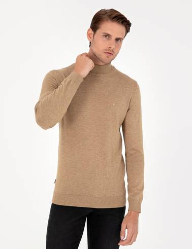 Camel Melanj Slim Fit Yarım Balıkçı Yaka Basic Triko Kazak