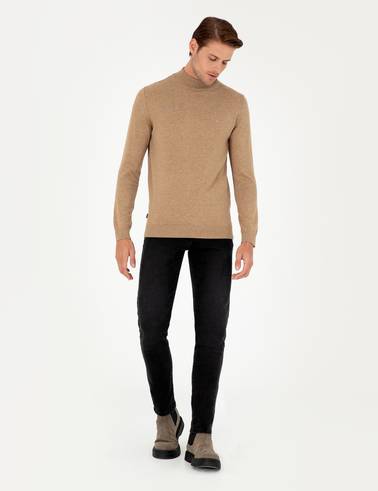 Camel Melanj Slim Fit Yarım Balıkçı Yaka Basic Triko Kazak