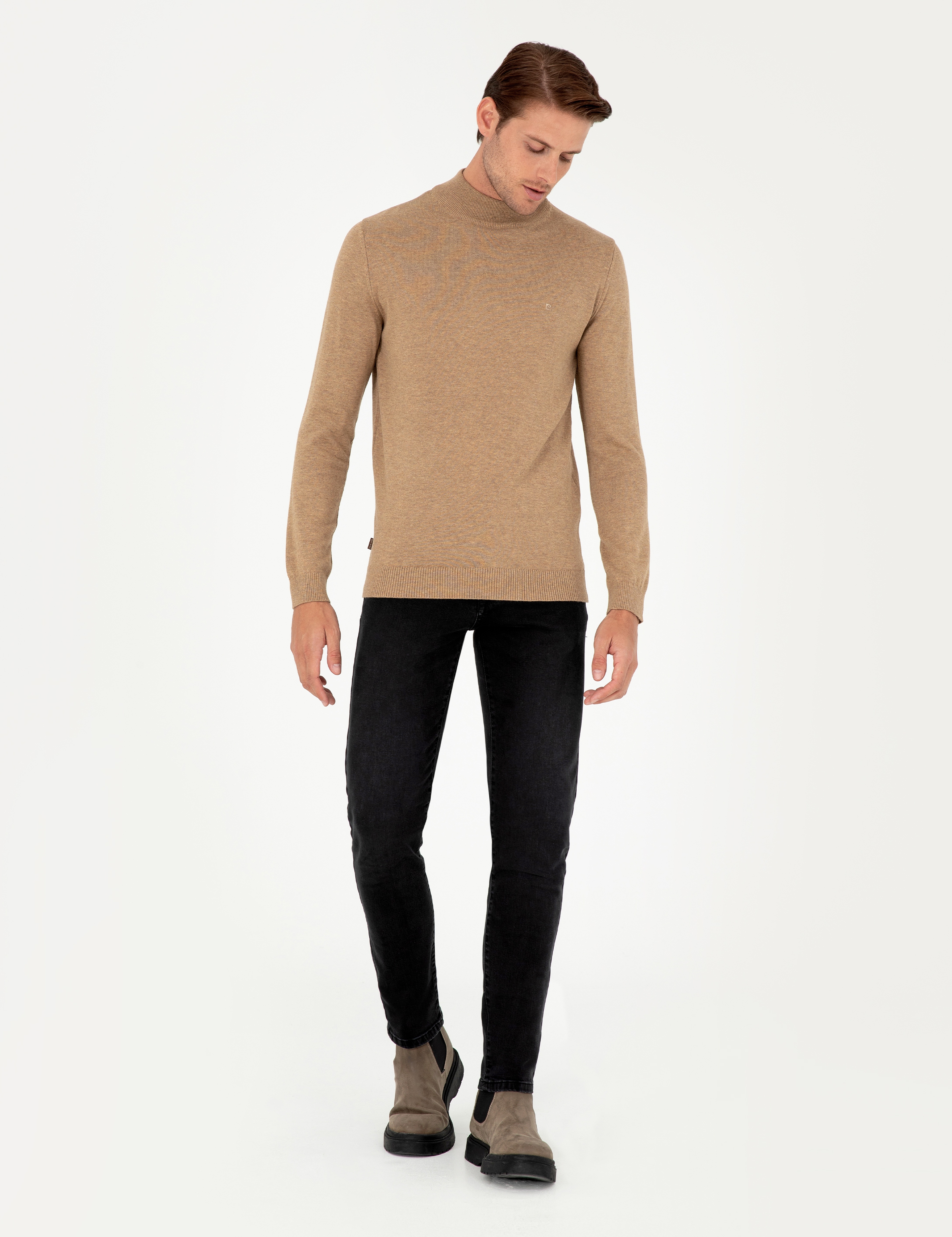 Camel Melanj Slim Fit Yarım Balıkçı Yaka Basic Triko Kazak - Image 4